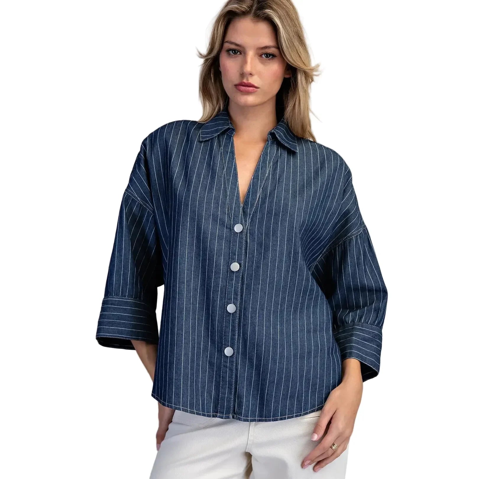 Women's ee:some Striped Button Down Back Pleat Blouse TK16072-DKDNM