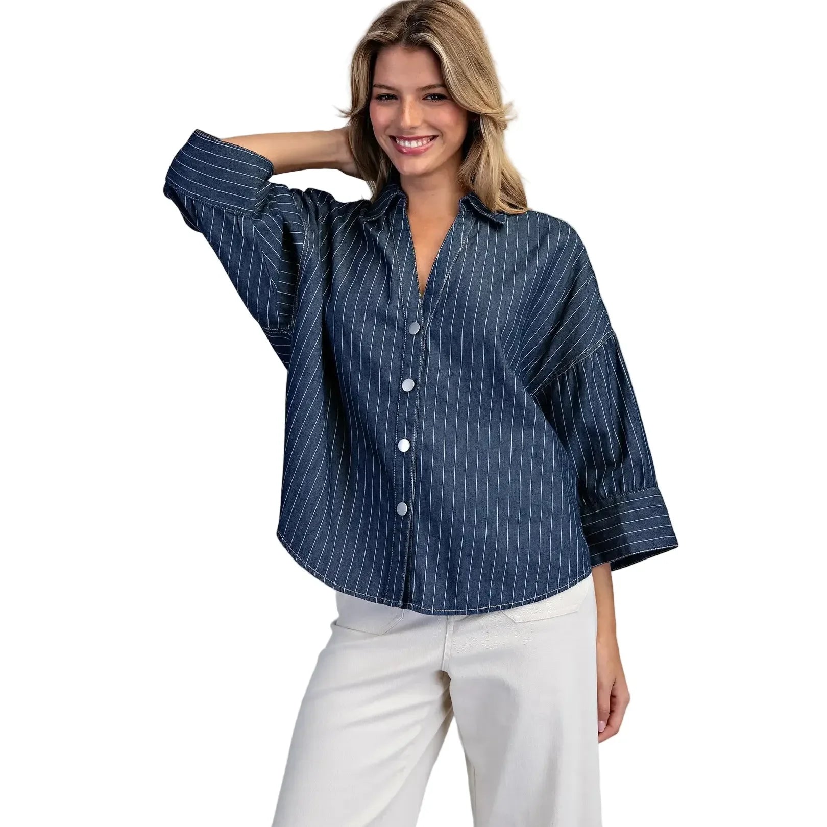 Women's ee:some Striped Button Down Back Pleat Blouse TK16072-DKDNM