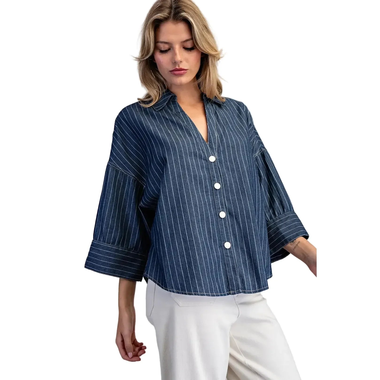 Women's ee:some Striped Button Down Back Pleat Blouse TK16072-DKDNM