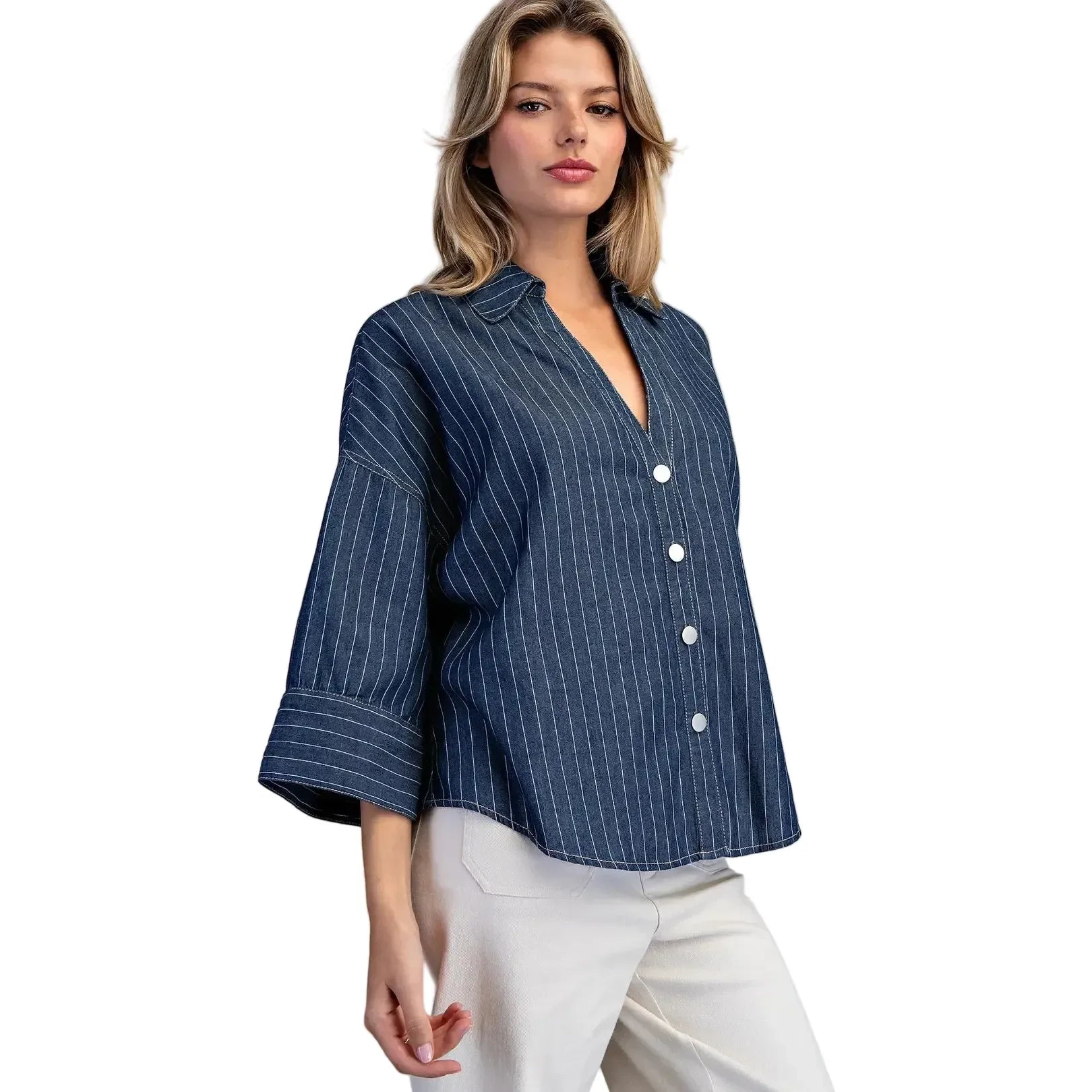 Women's ee:some Striped Button Down Back Pleat Blouse TK16072-DKDNM