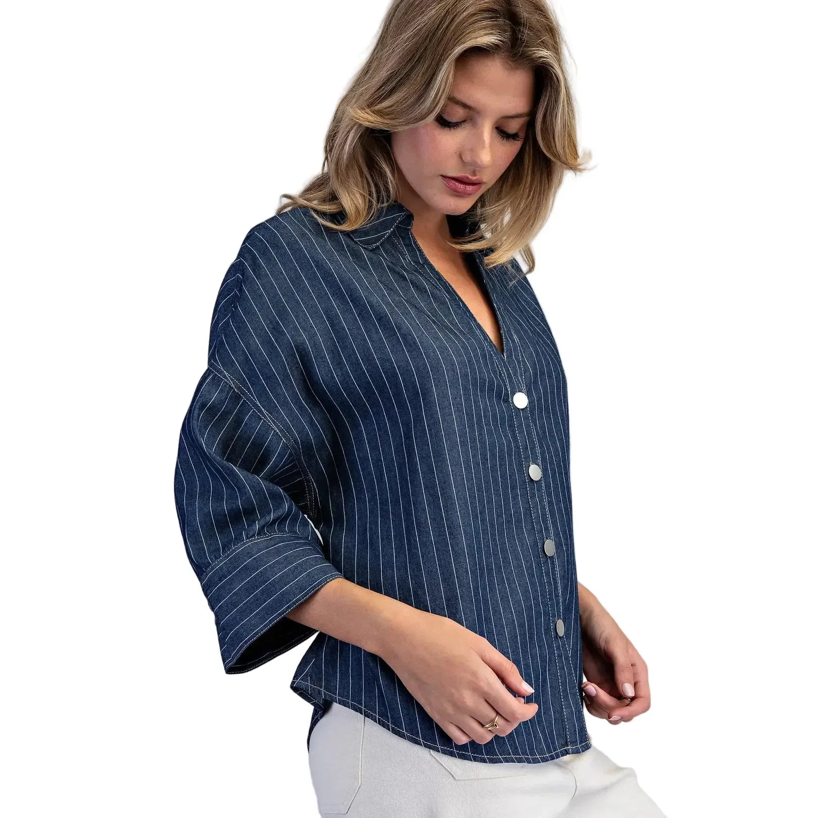 Women's ee:some Striped Button Down Back Pleat Blouse TK16072-DKDNM