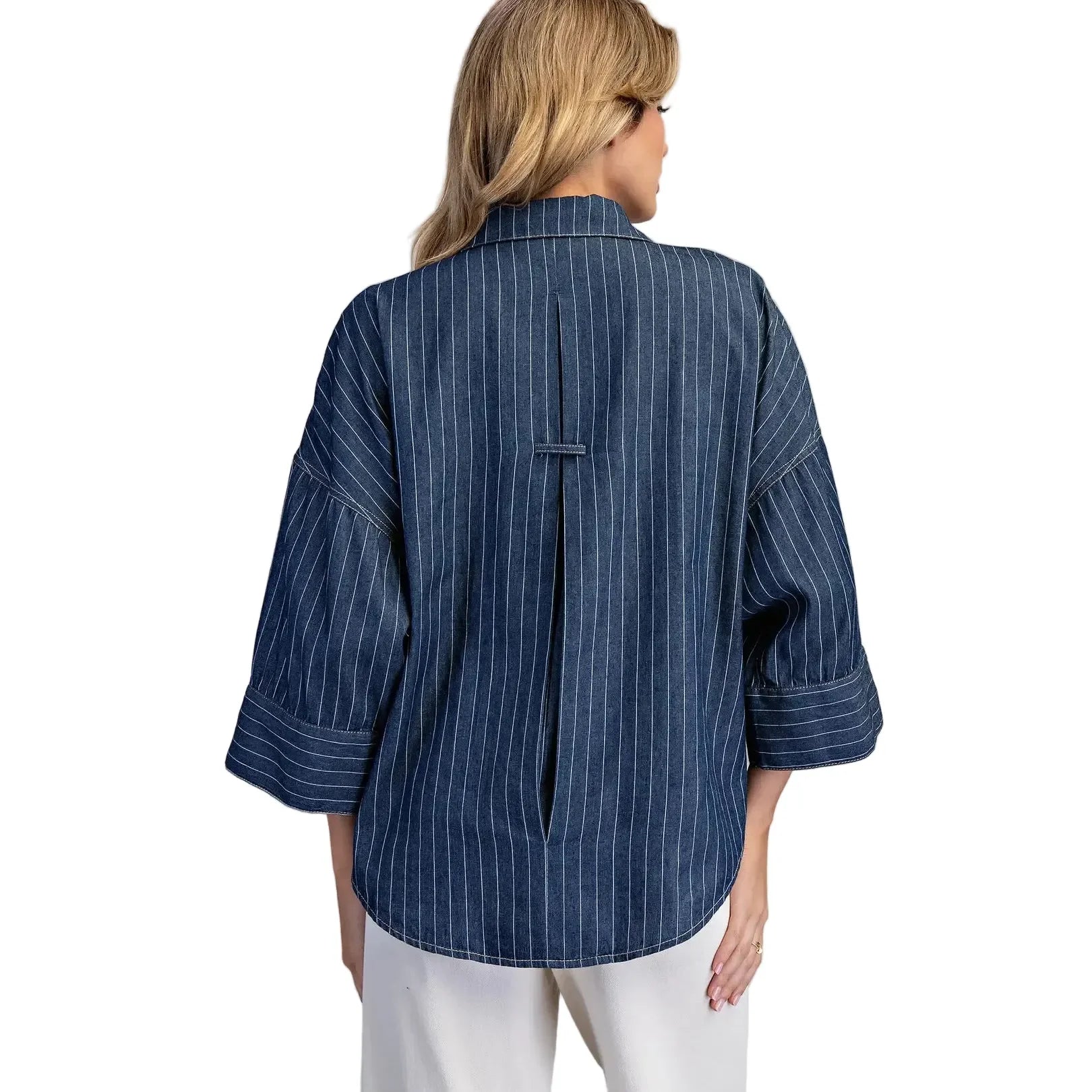 Women's ee:some Striped Button Down Back Pleat Blouse TK16072-DKDNM