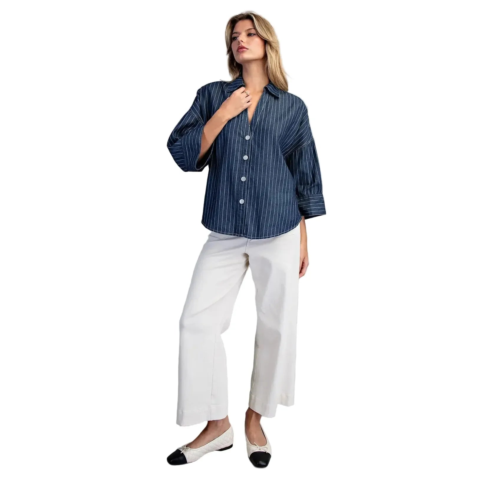 Women's ee:some Striped Button Down Back Pleat Blouse TK16072-DKDNM