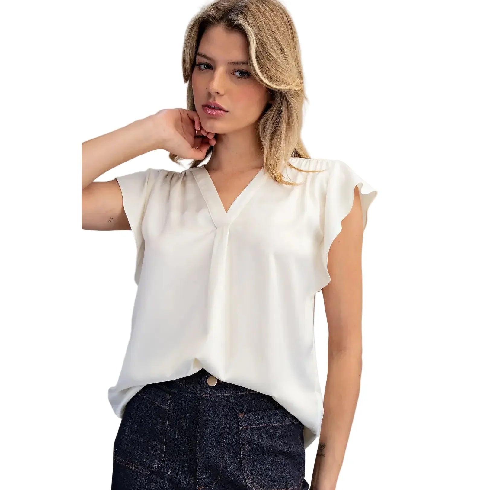 Women's ee:some Pearl White V-neck Flutter Sleeve Blouse TK16071-PEARL