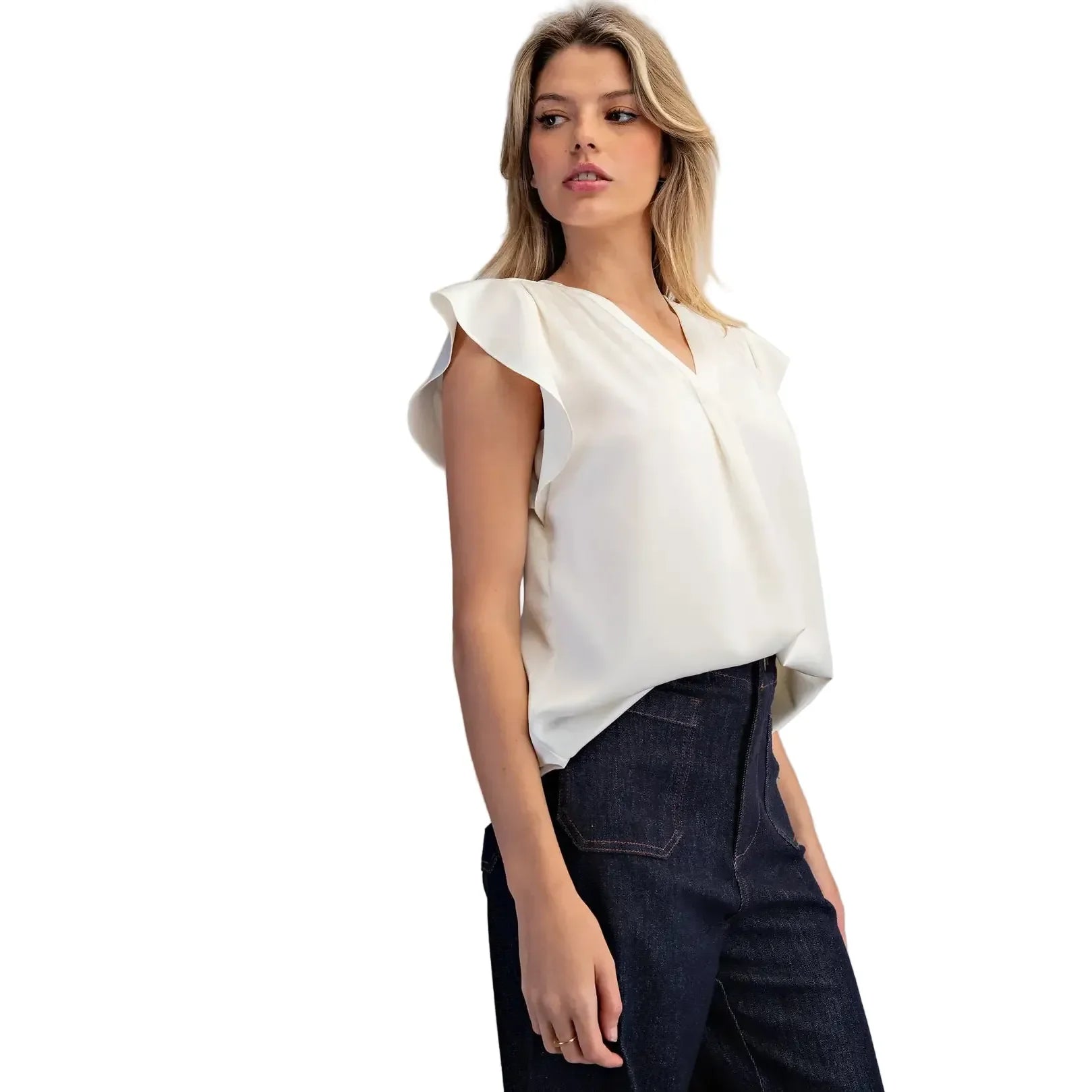Women's ee:some Pearl White V-neck Flutter Sleeve Blouse TK16071-PEARL