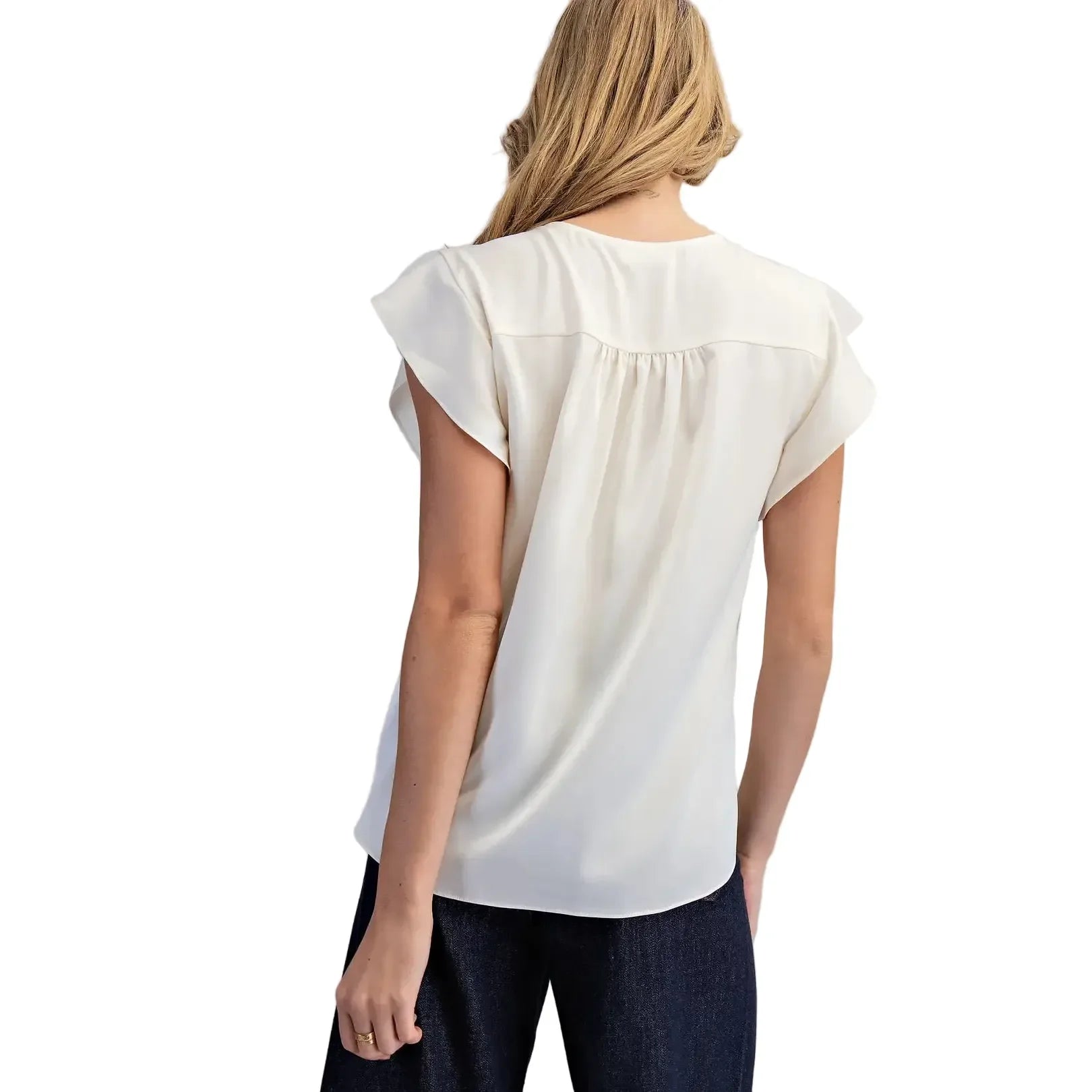 Women's ee:some Pearl White V-neck Flutter Sleeve Blouse TK16071-PEARL