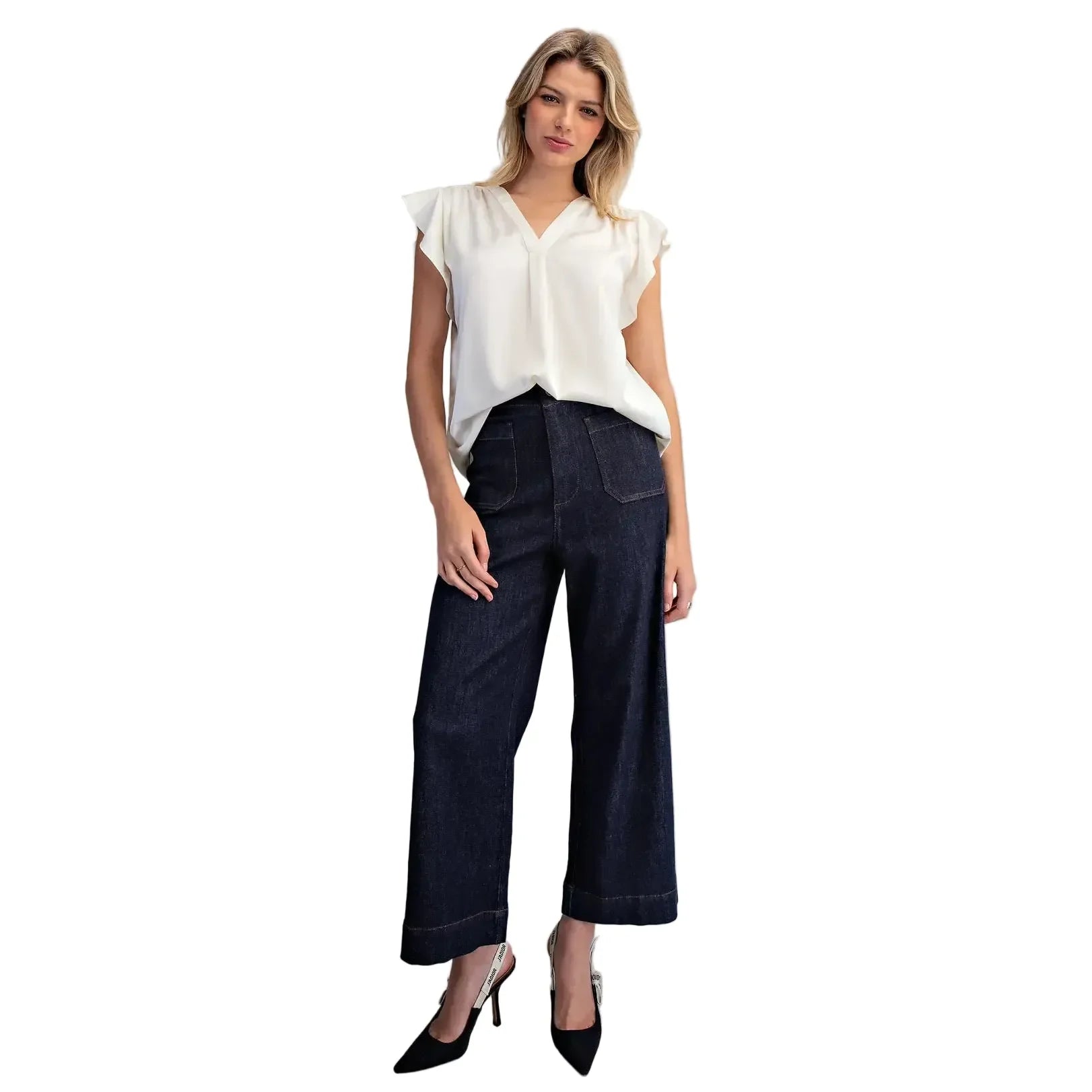 Women's ee:some Pearl White V-neck Flutter Sleeve Blouse TK16071-PEARL