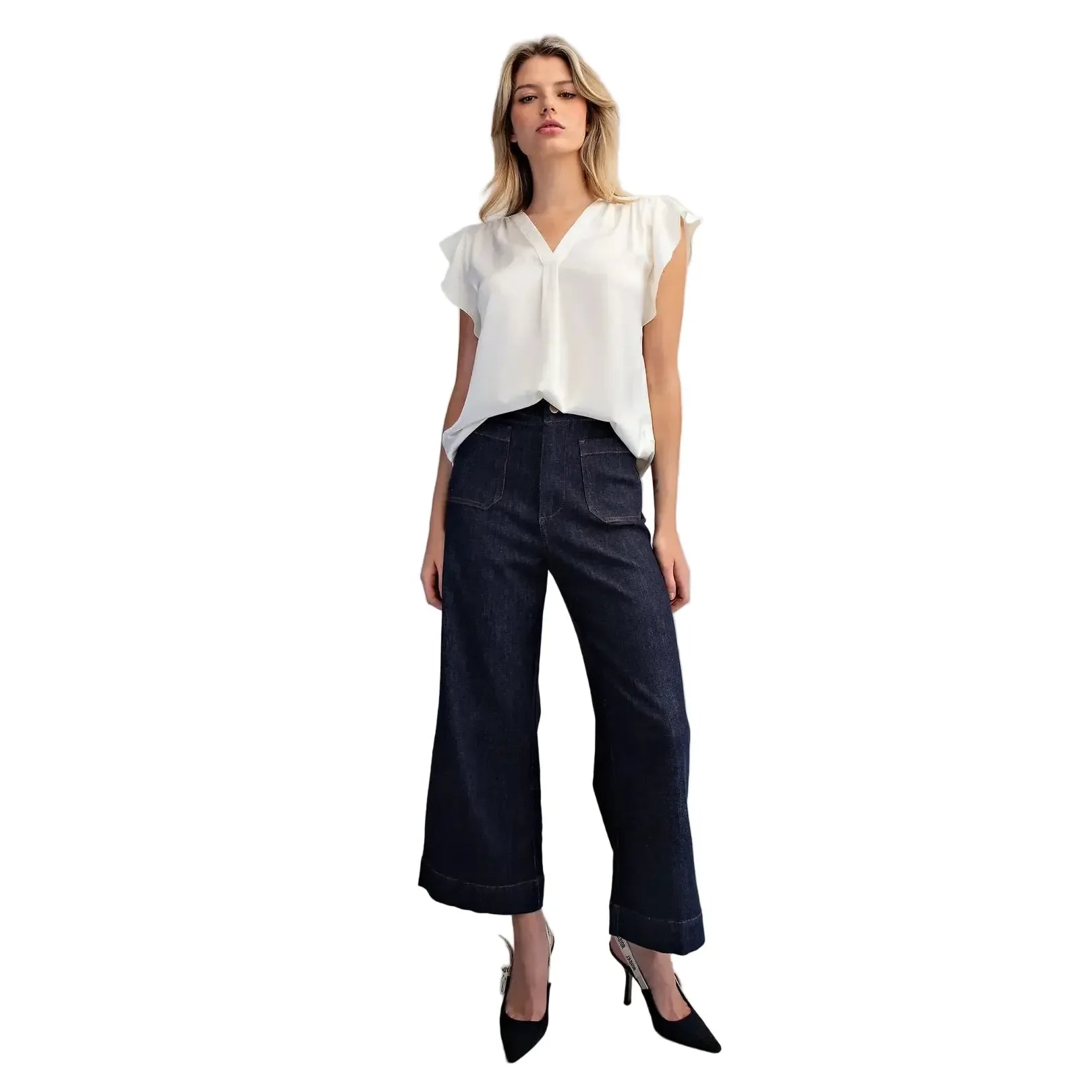 Women's ee:some Pearl White V-neck Flutter Sleeve Blouse TK16071-PEARL