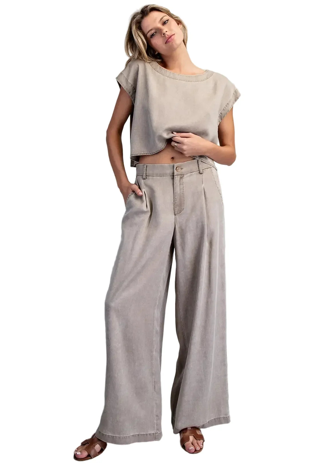 Women's ee:some Hazelnut Zipper Front Wide Leg Pants PK16064-HAZEL