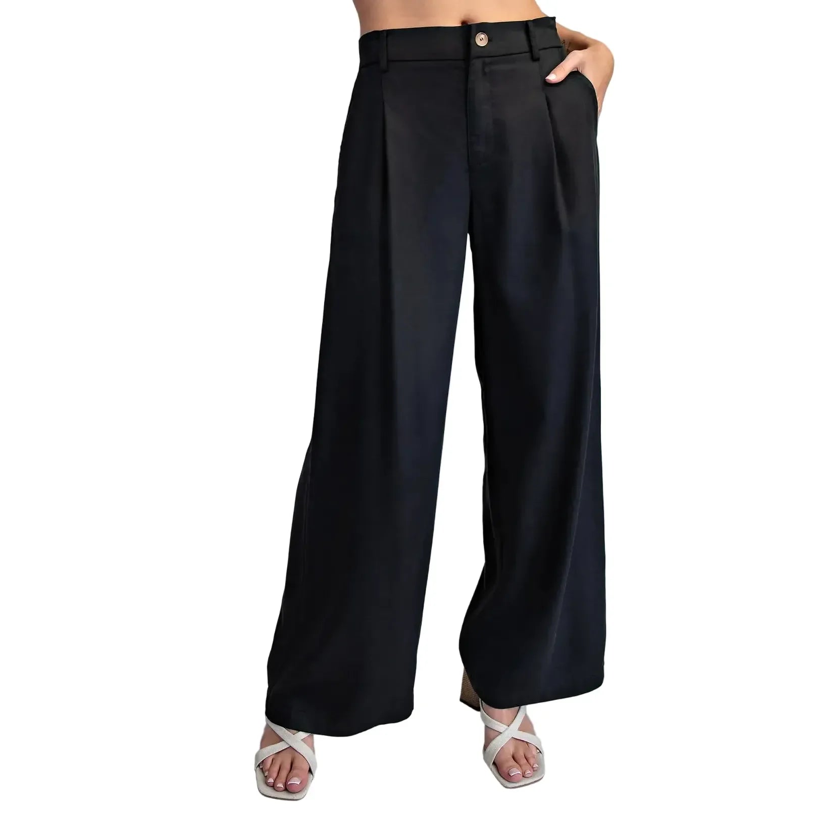 Women's ee:some Ash Black Zipper Front Wide Leg Pants PK16064-ASHBLK