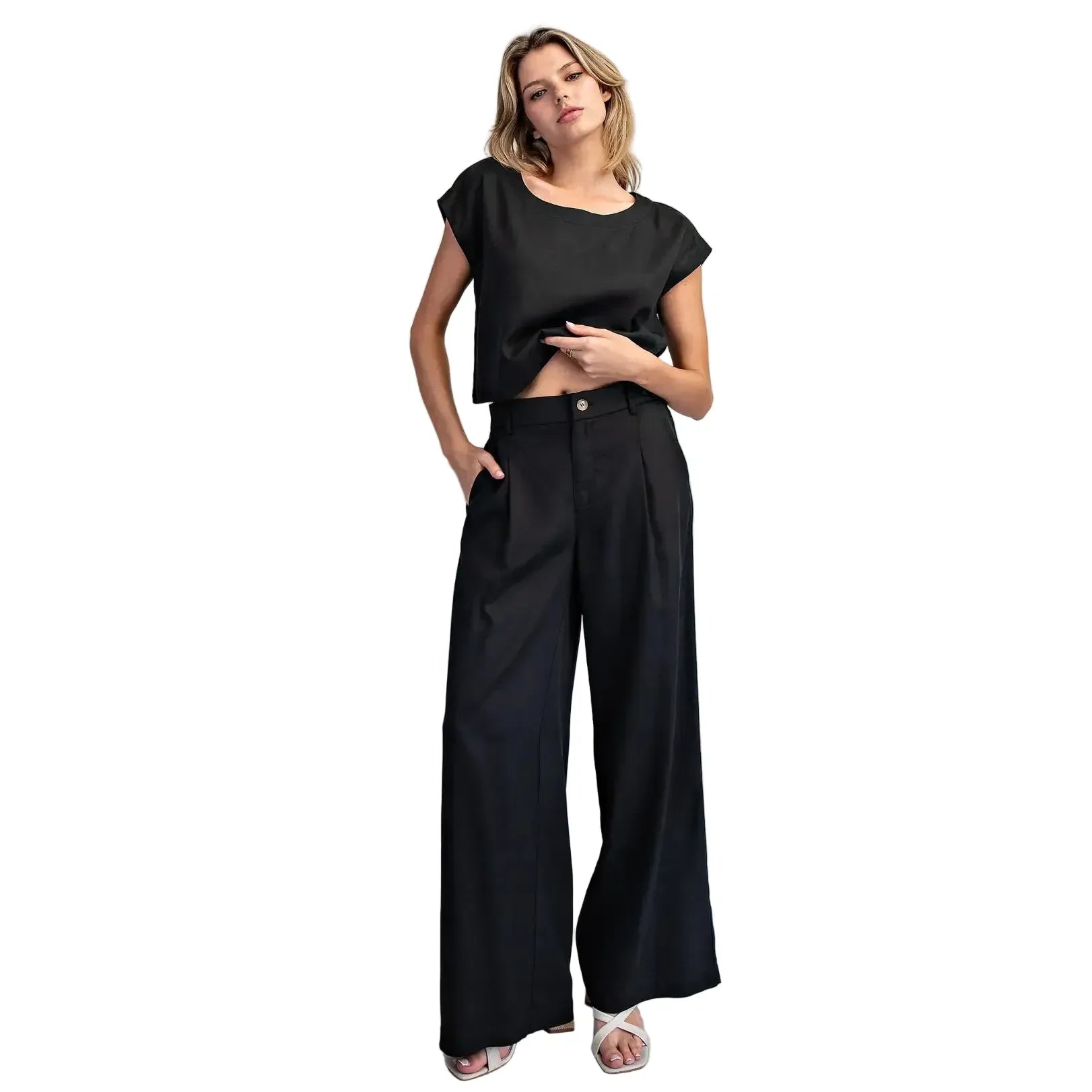 Women's ee:some Ash Black Zipper Front Wide Leg Pants PK16064-ASHBLK