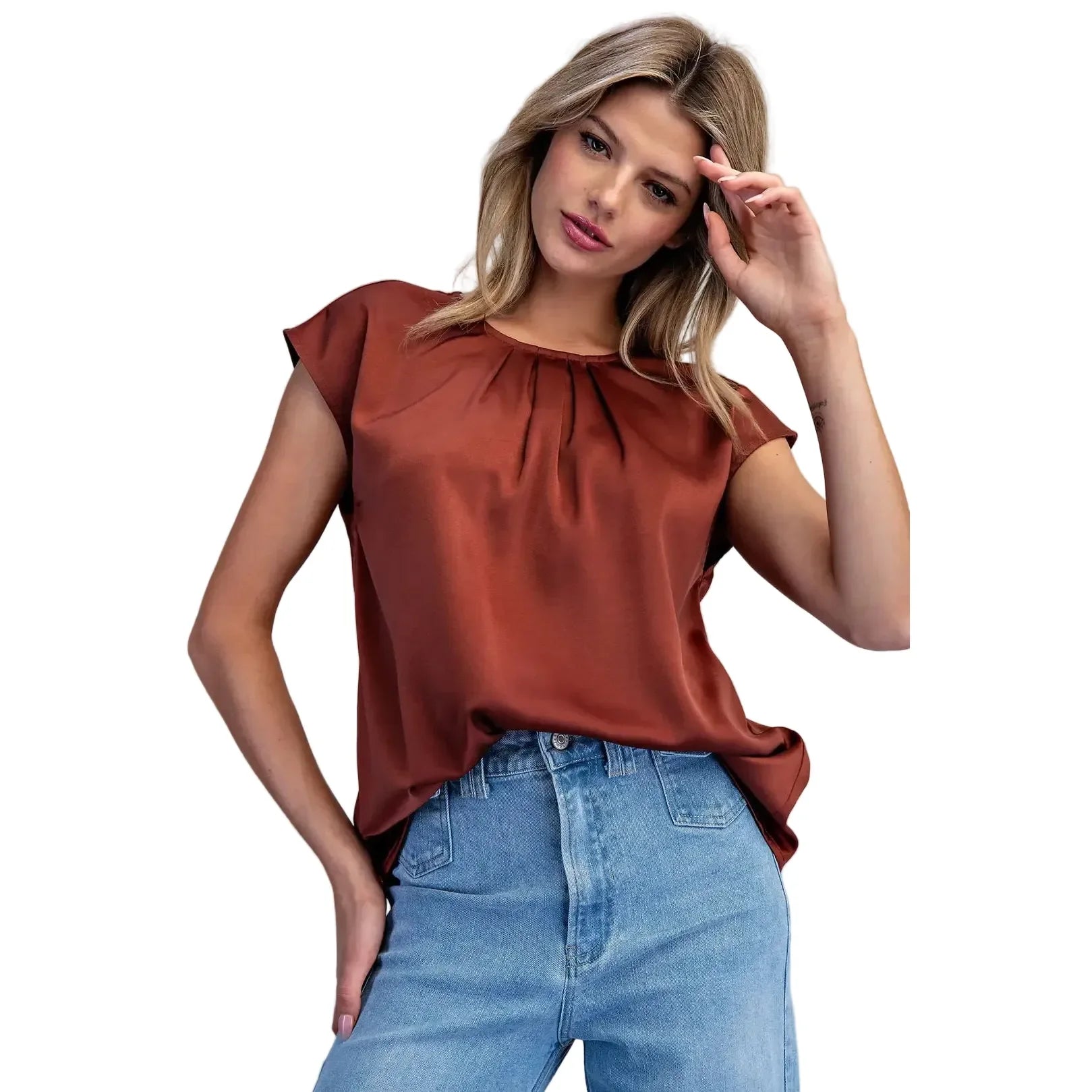Women's ee:some Bronze Round Neck Pleated Blouse TK16393-BRNZE