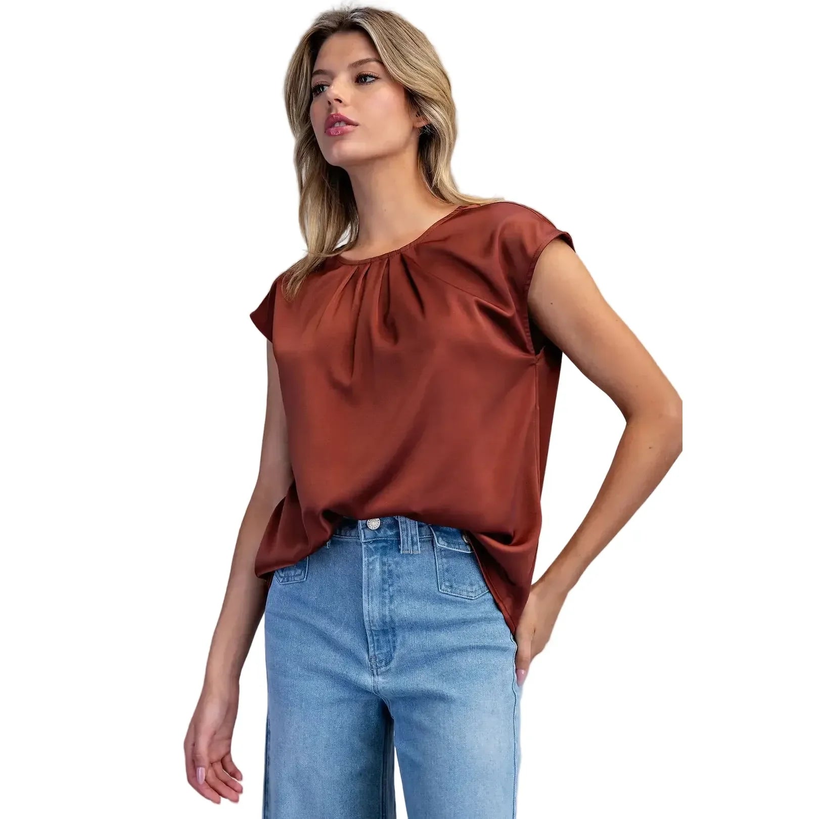Women's ee:some Bronze Round Neck Pleated Blouse TK16393-BRNZE