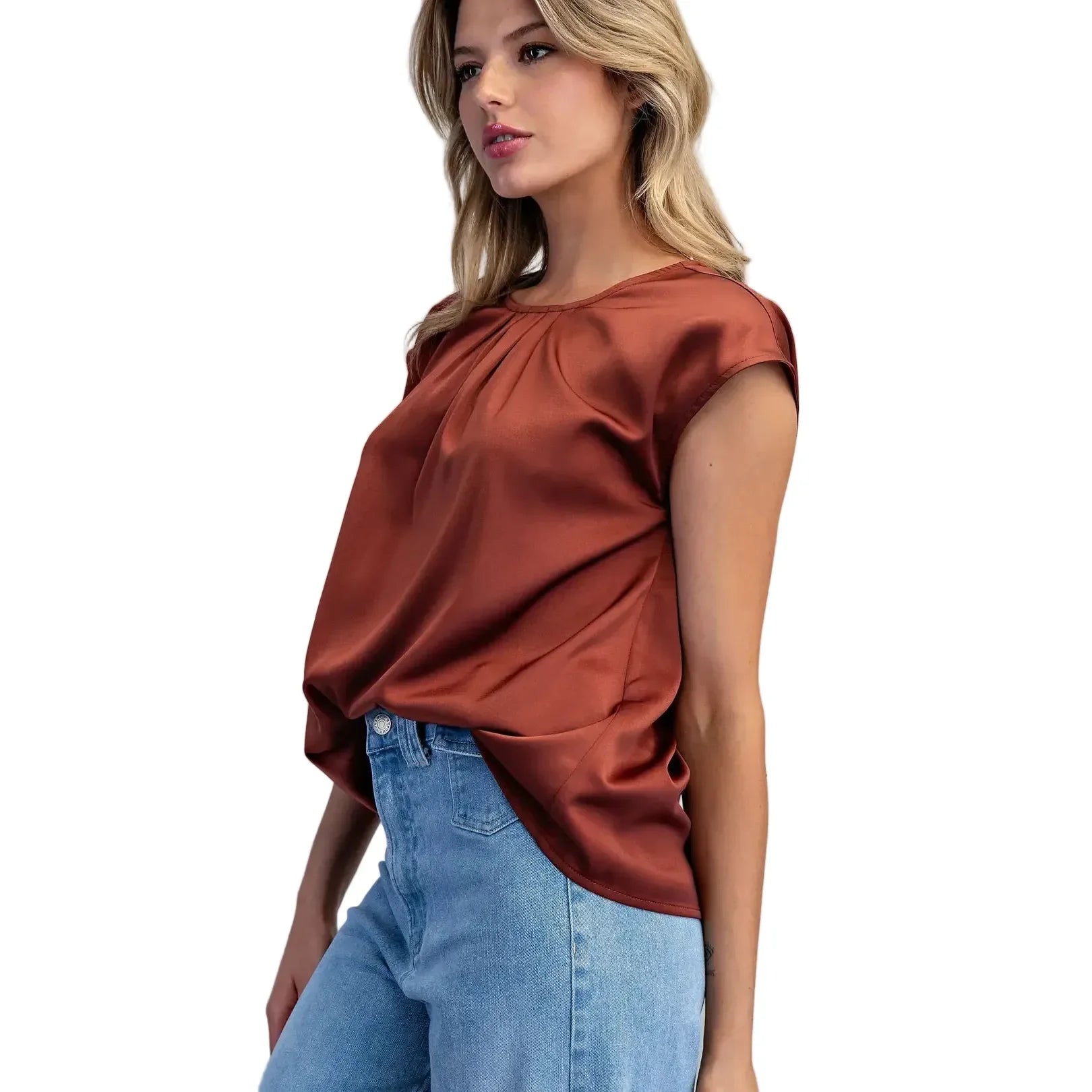 Women's ee:some Bronze Round Neck Pleated Blouse TK16393-BRNZE