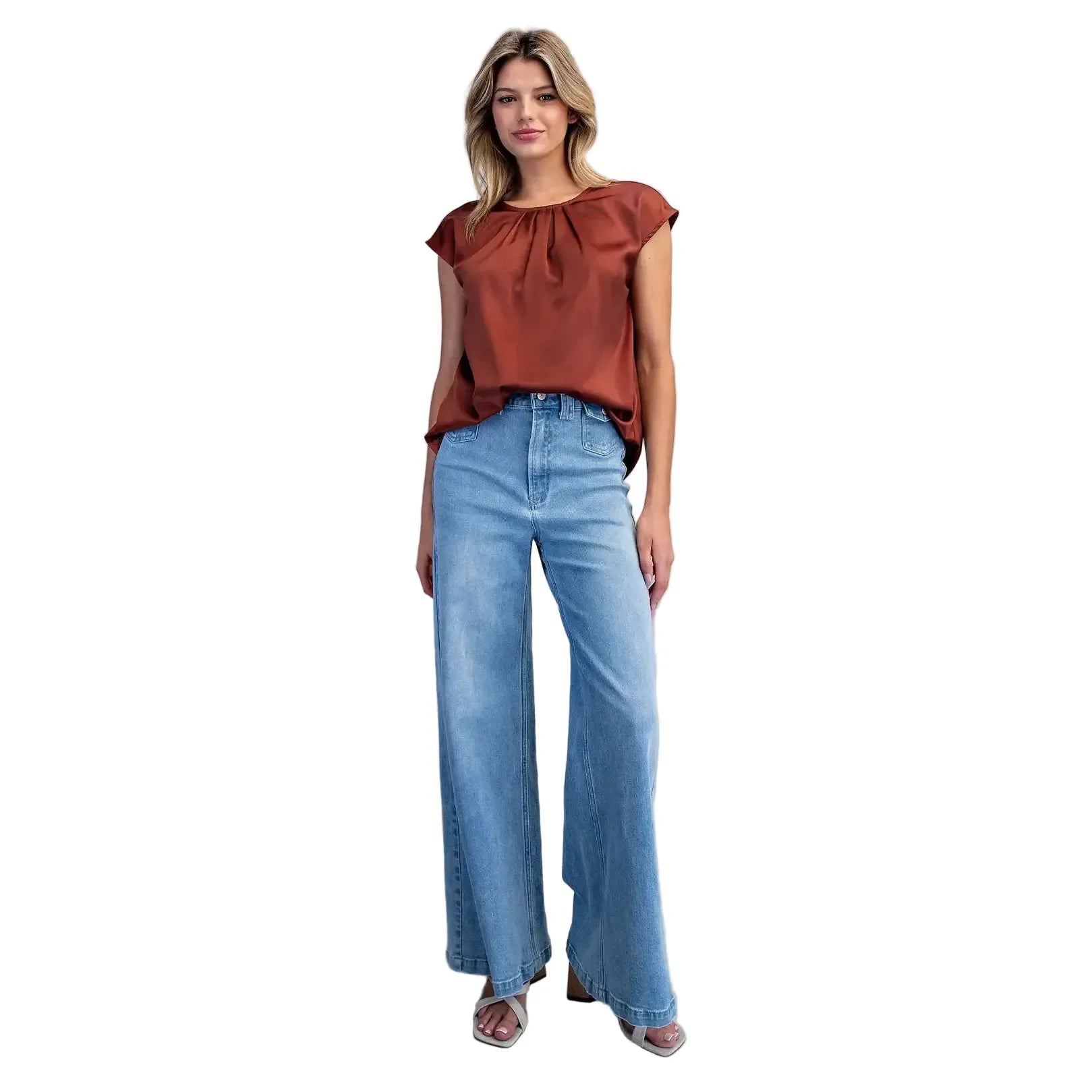 Women's ee:some Bronze Round Neck Pleated Blouse TK16393-BRNZE