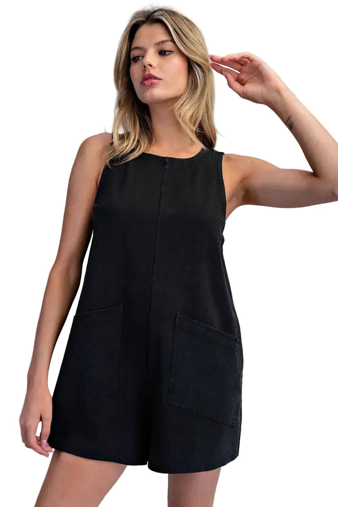 Women's ee:some Ash Black Sleeveless Patch Pocket Romper BK16235