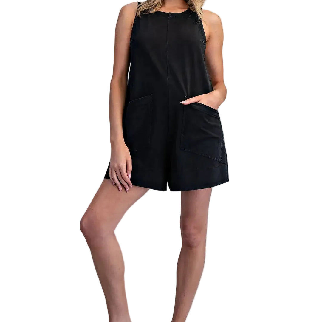 Women's ee:some Ash Black Sleeveless Patch Pocket Romper BK16235