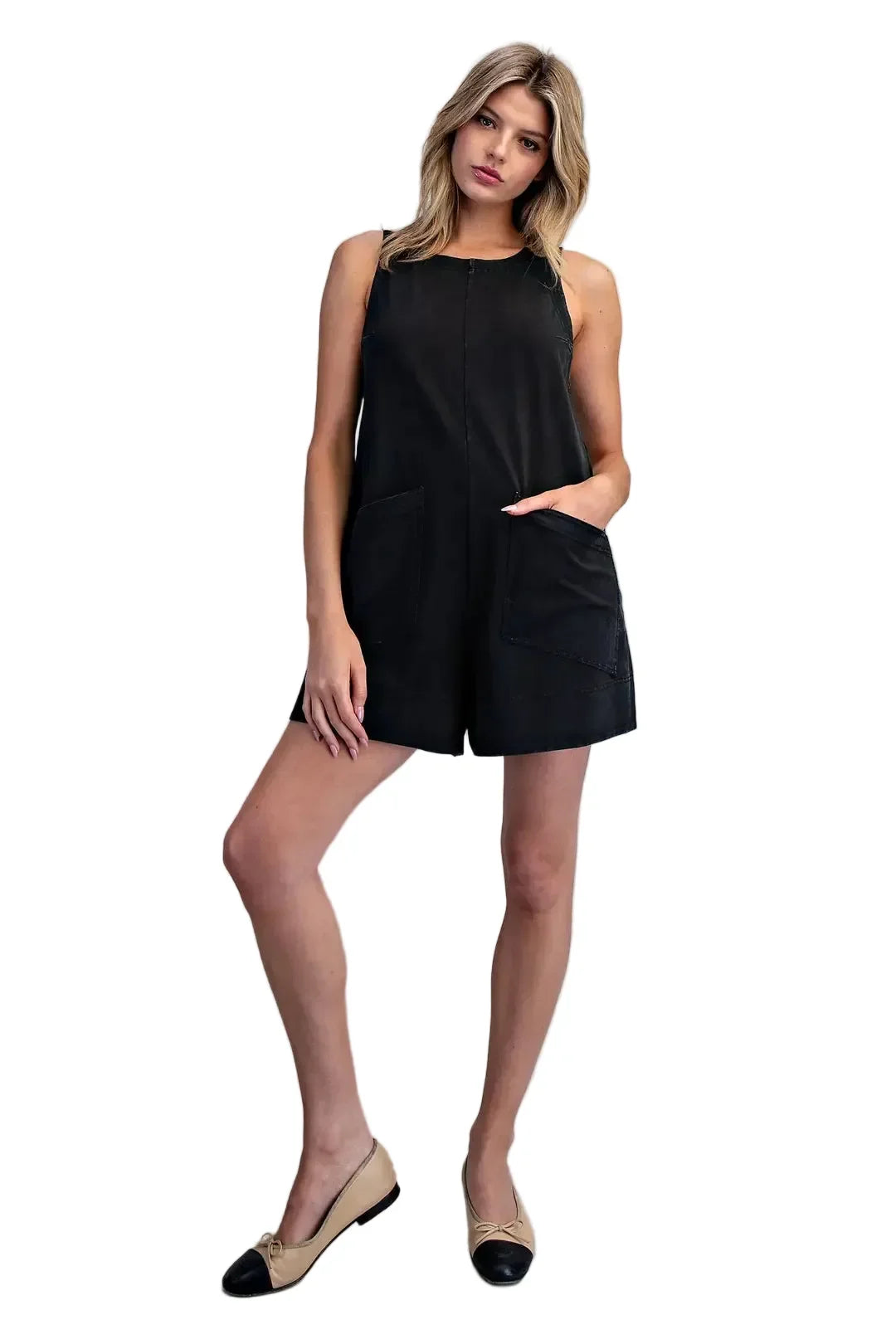 Women's ee:some Ash Black Sleeveless Patch Pocket Romper BK16235
