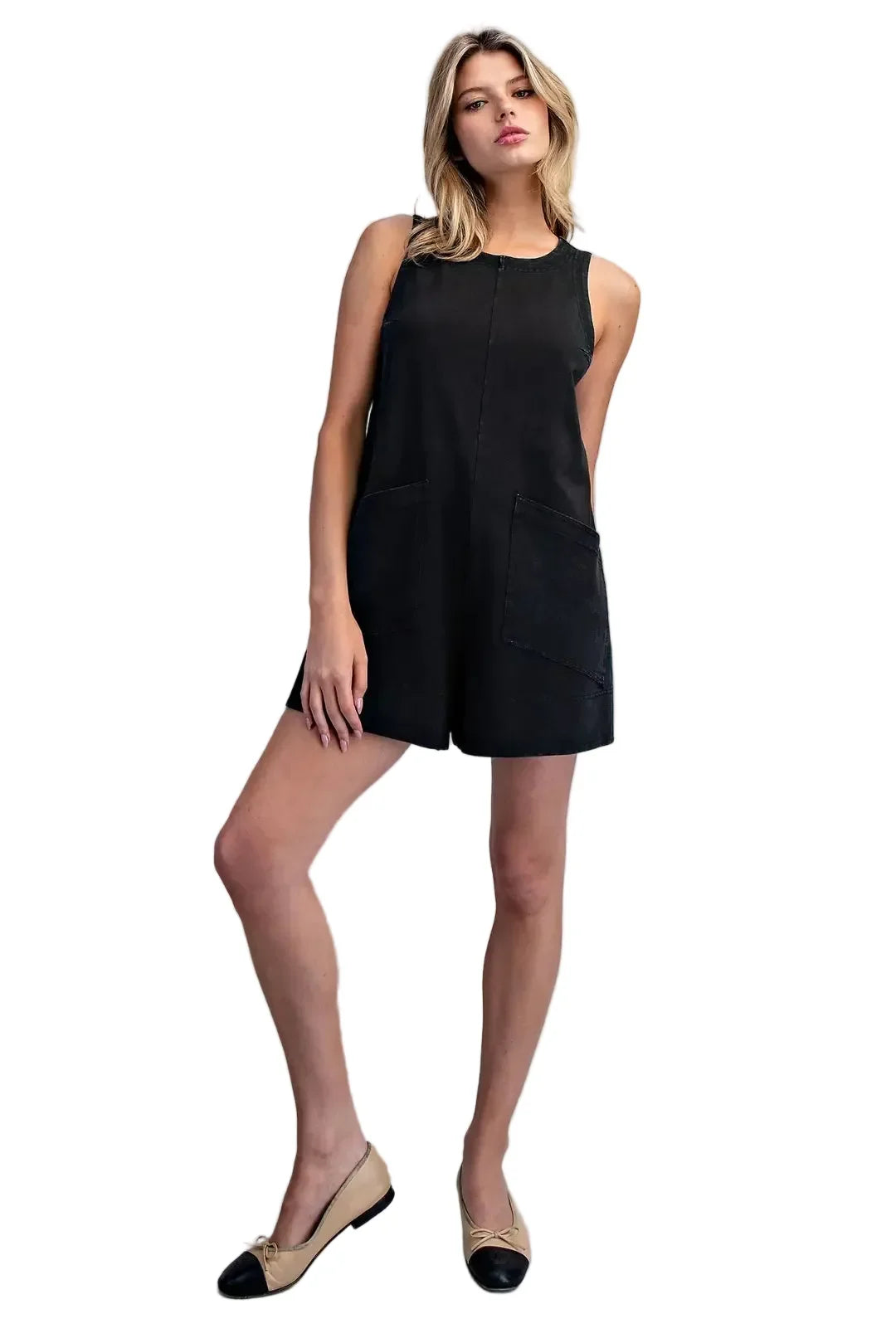 Women's ee:some Ash Black Sleeveless Patch Pocket Romper BK16235