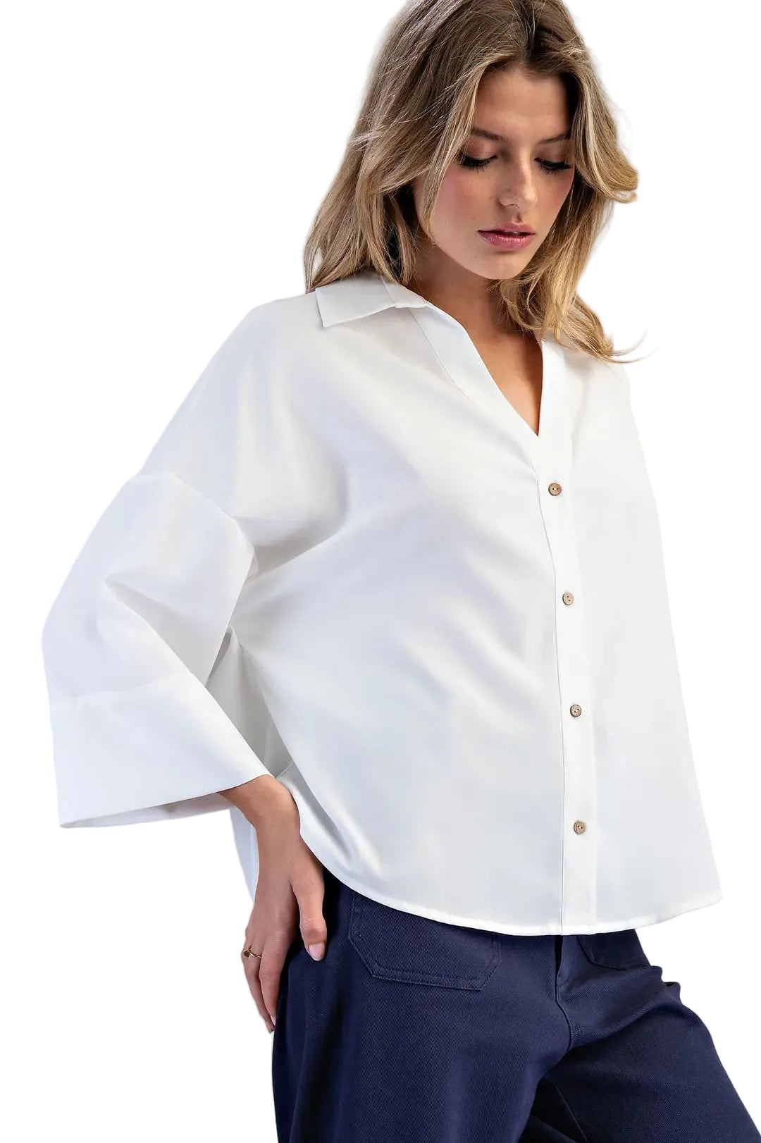 ee:some Women's Off White Button Down Pleated Back Blouse