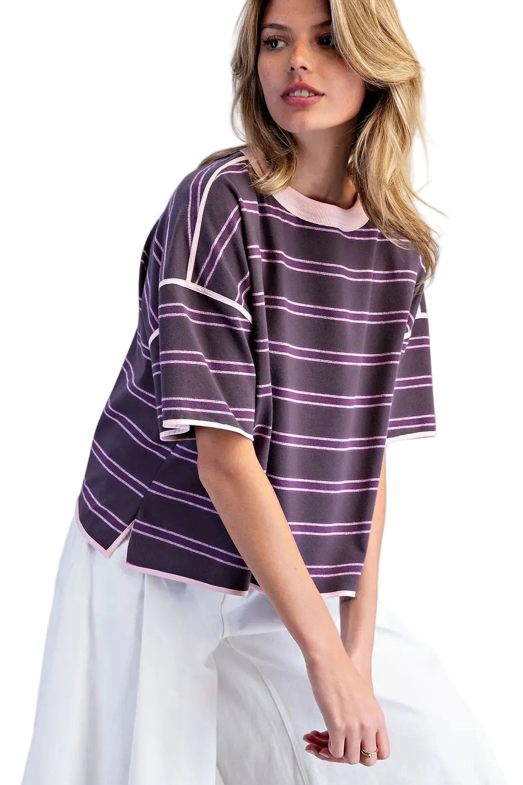 ee:some Women's Plum Jam Soft Washed Striped Boxy Top