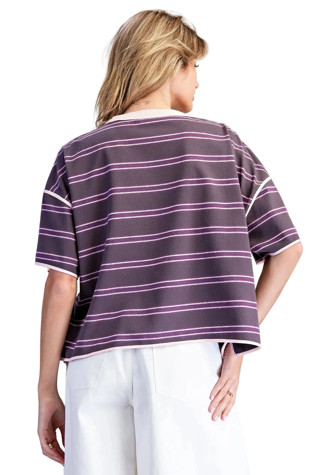 ee:some Women's Plum Jam Soft Washed Striped Boxy Top