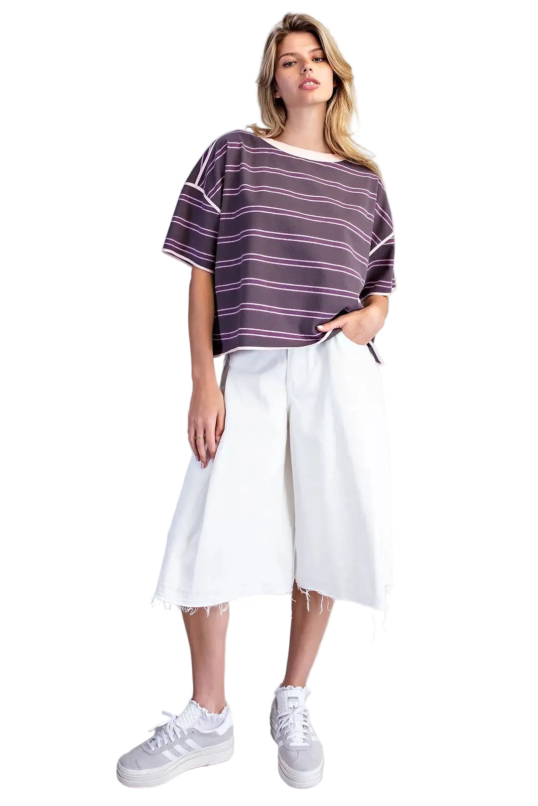 ee:some Women's Plum Jam Soft Washed Striped Boxy Top