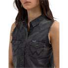 Women's Wrangler Frayed Denim Crop Western Snap Tank 112362281 - Crazy House Western Wear