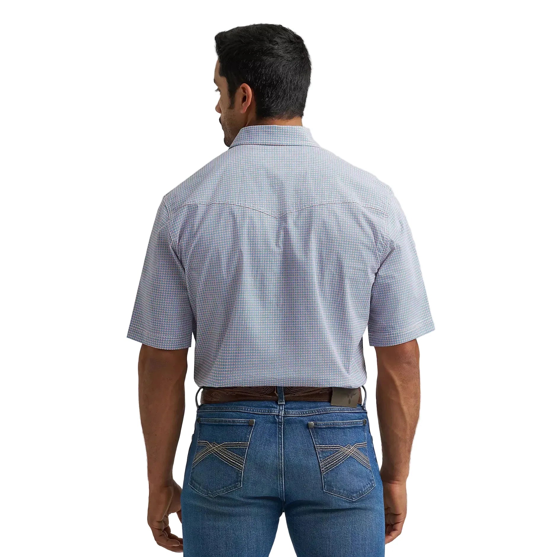 Men's Wrangler Blue Stops 20X Competition Advanced Comfort Short Sleeve Snap Shirt 112374290