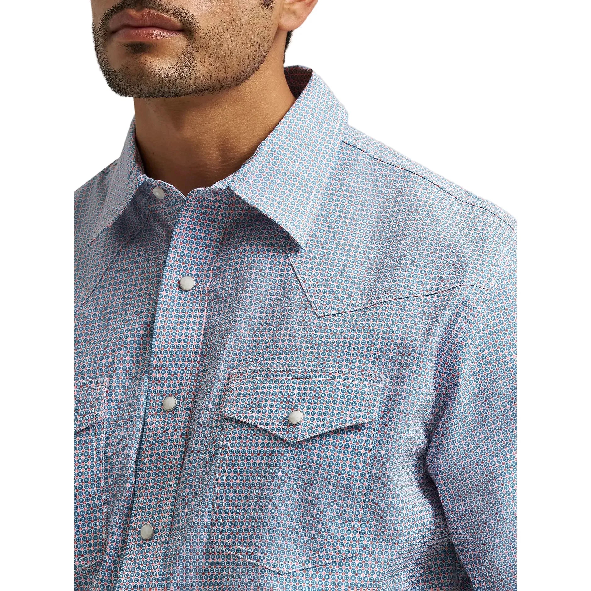 Men's Wrangler Blue Stops 20X Competition Advanced Comfort Short Sleeve Snap Shirt 112374290