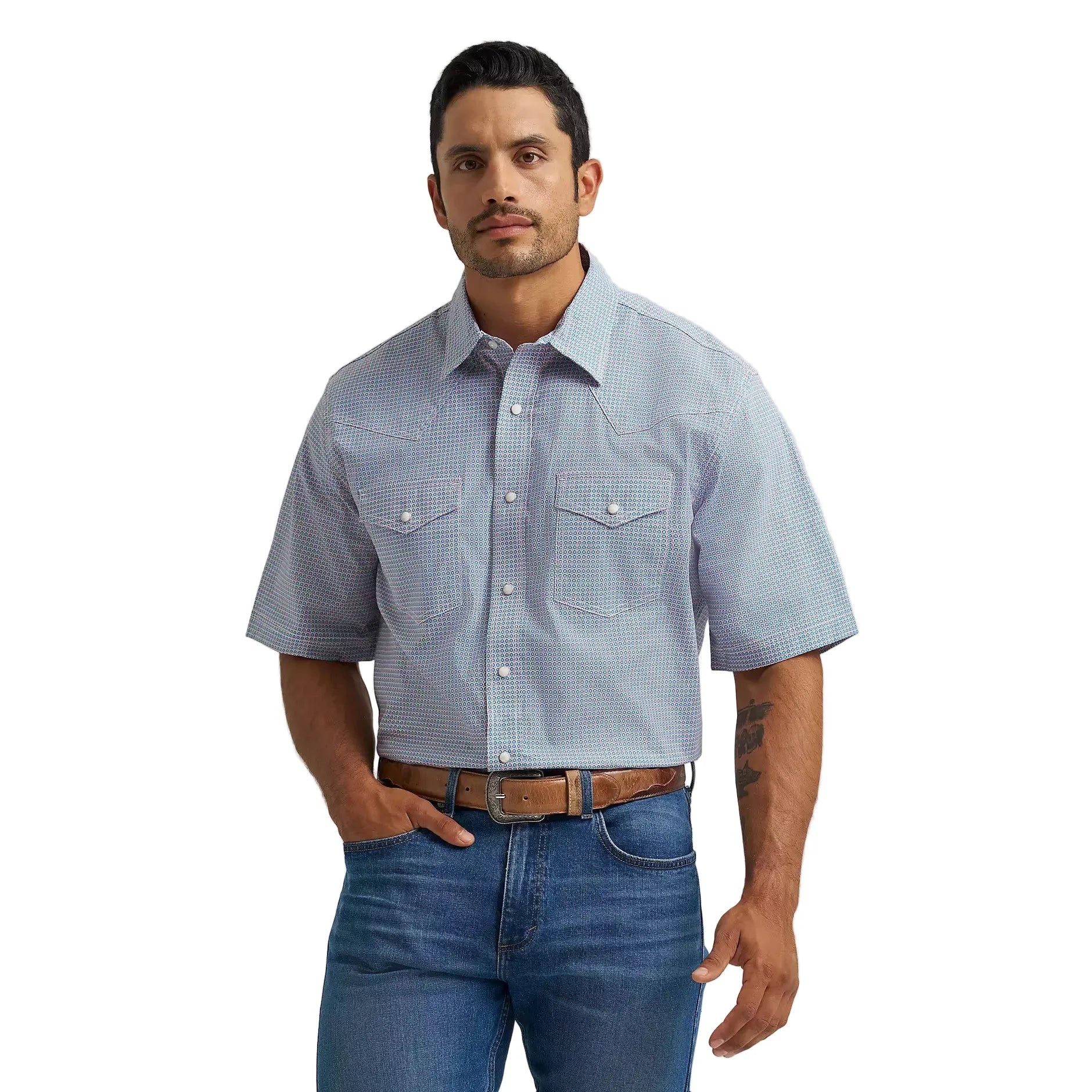 Men's Wrangler Blue Stops 20X Competition Advanced Comfort Short Sleeve Snap Shirt 112374290