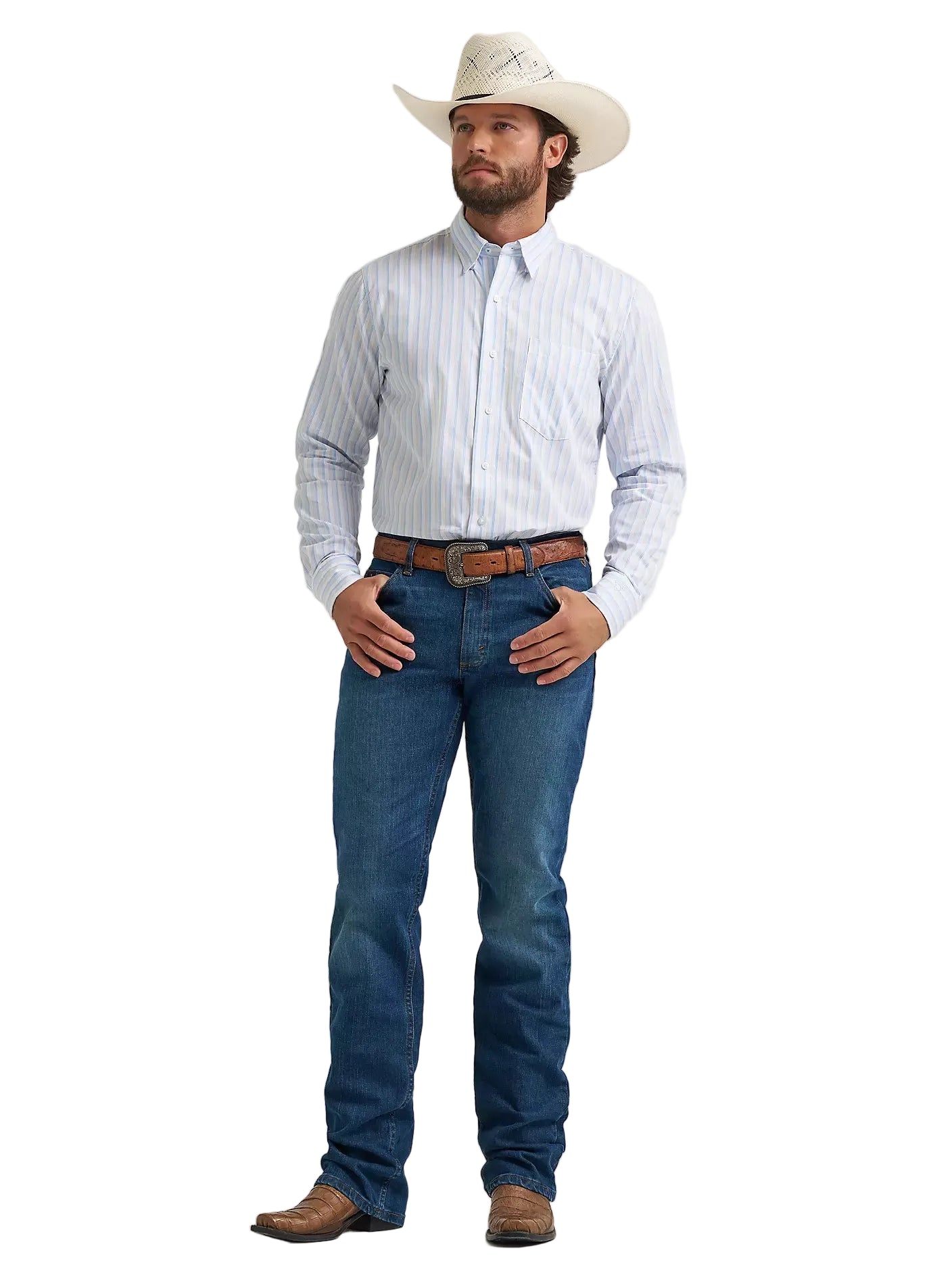 Men's Wrangler Azure Stripes Cody Johnson One Pocket Button Down Shirt 112374488