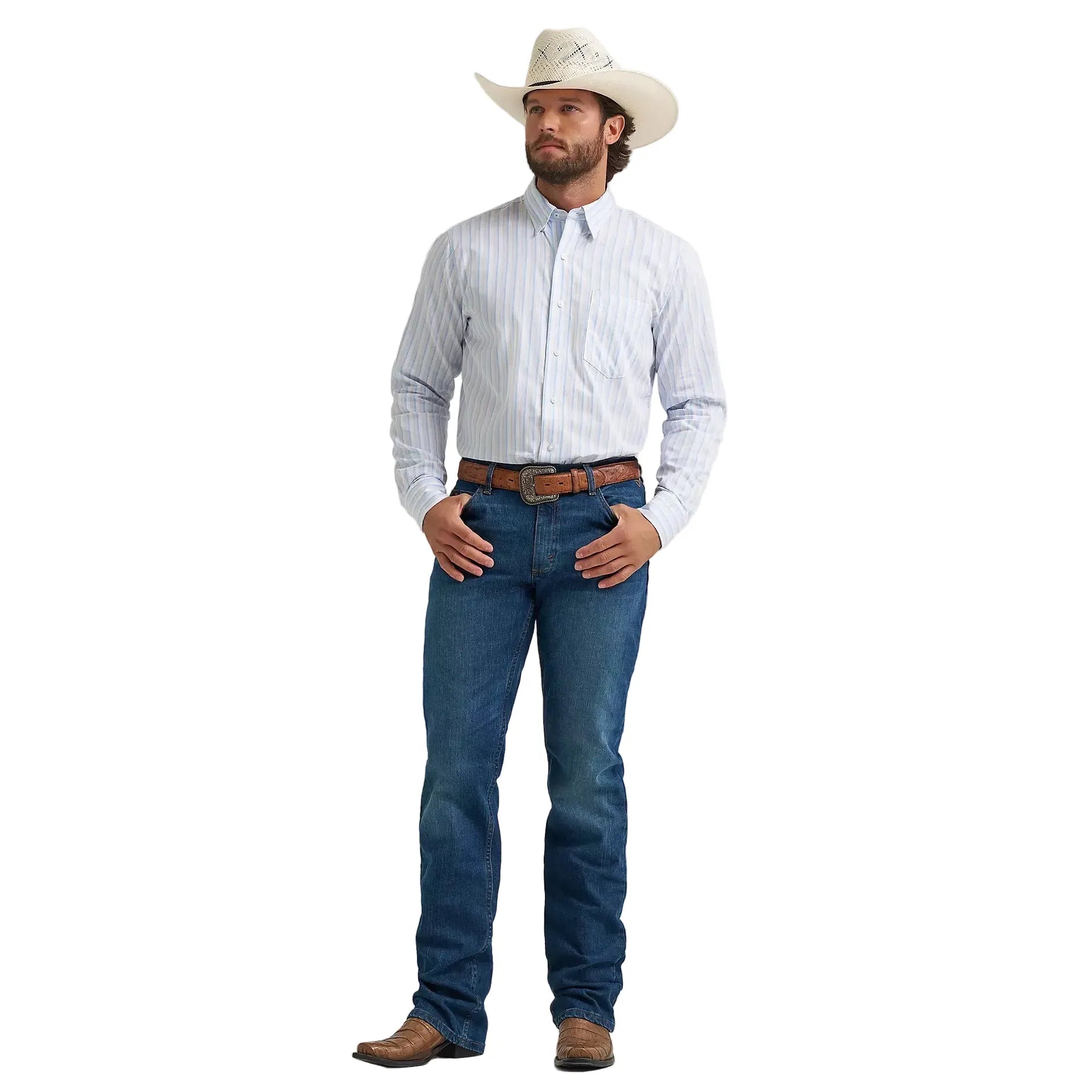 Men's Wrangler Azure Stripes Cody Johnson One Pocket Button Down Shirt 112374488