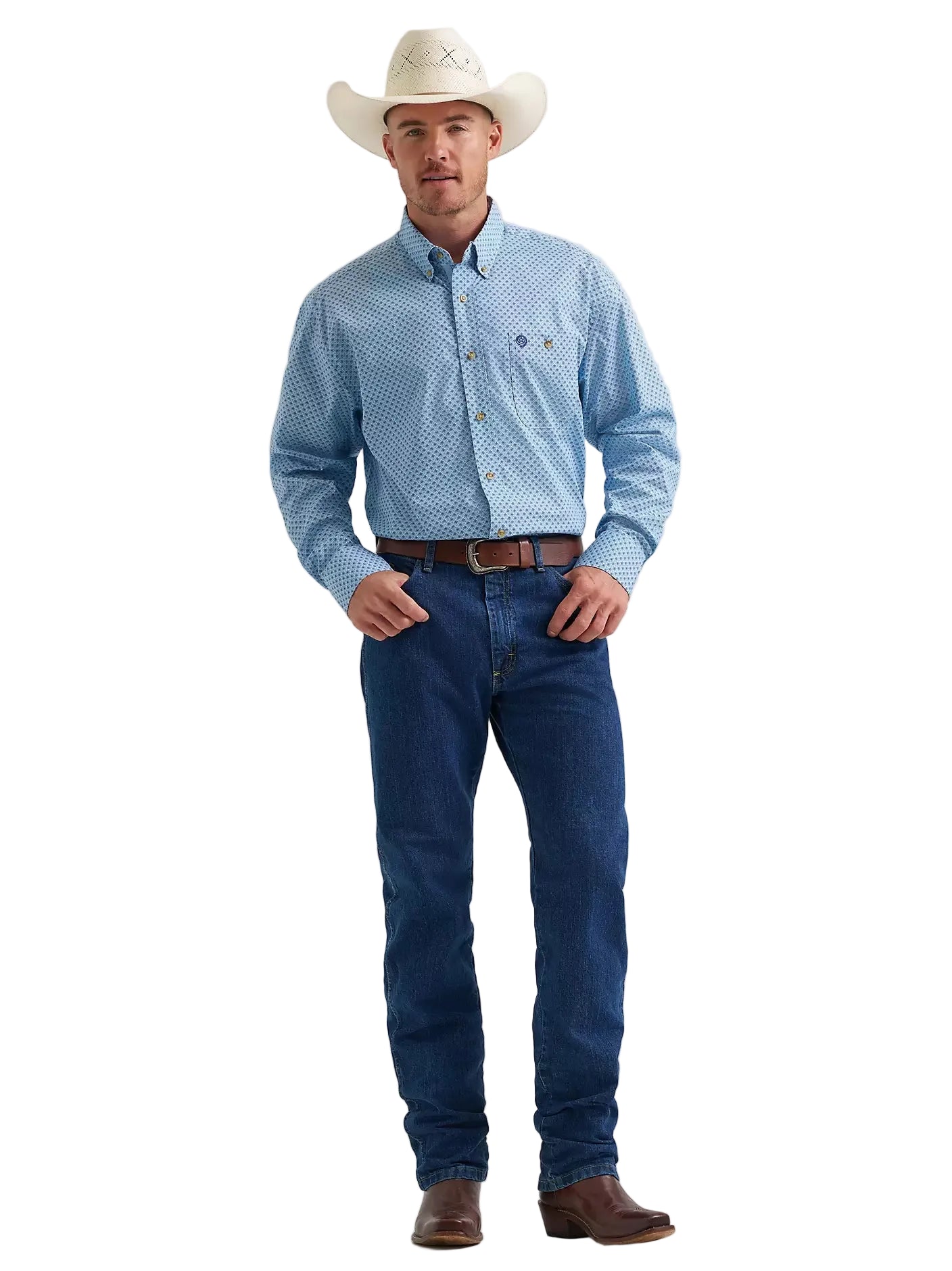 Men's Wrangler® George Strait™ Baby Blue Cross Long Sleeve Button Down One Pocket Shirt 112374582