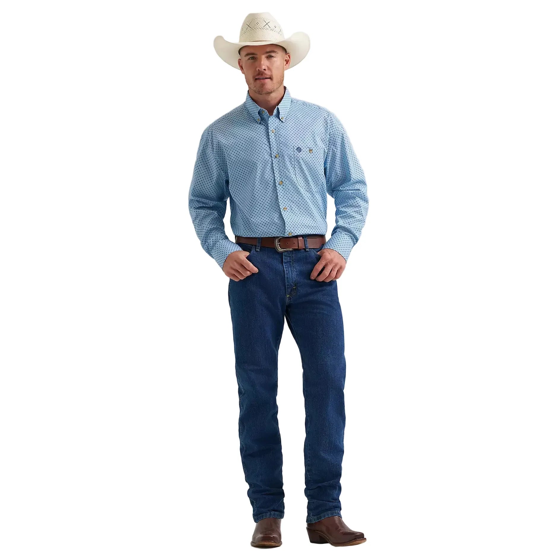 Men's Wrangler® George Strait™ Baby Blue Cross Long Sleeve Button Down One Pocket Shirt 112374582