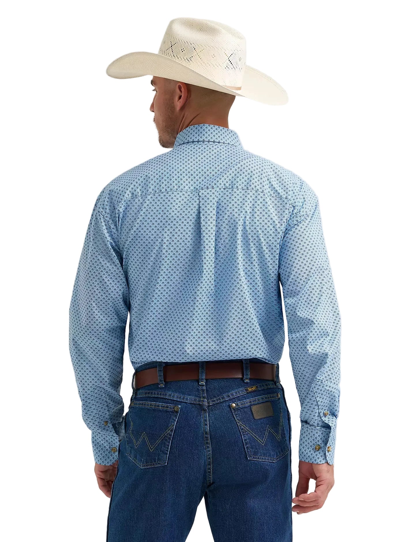 Men's Wrangler® George Strait™ Baby Blue Cross Long Sleeve Button Down One Pocket Shirt 112374582