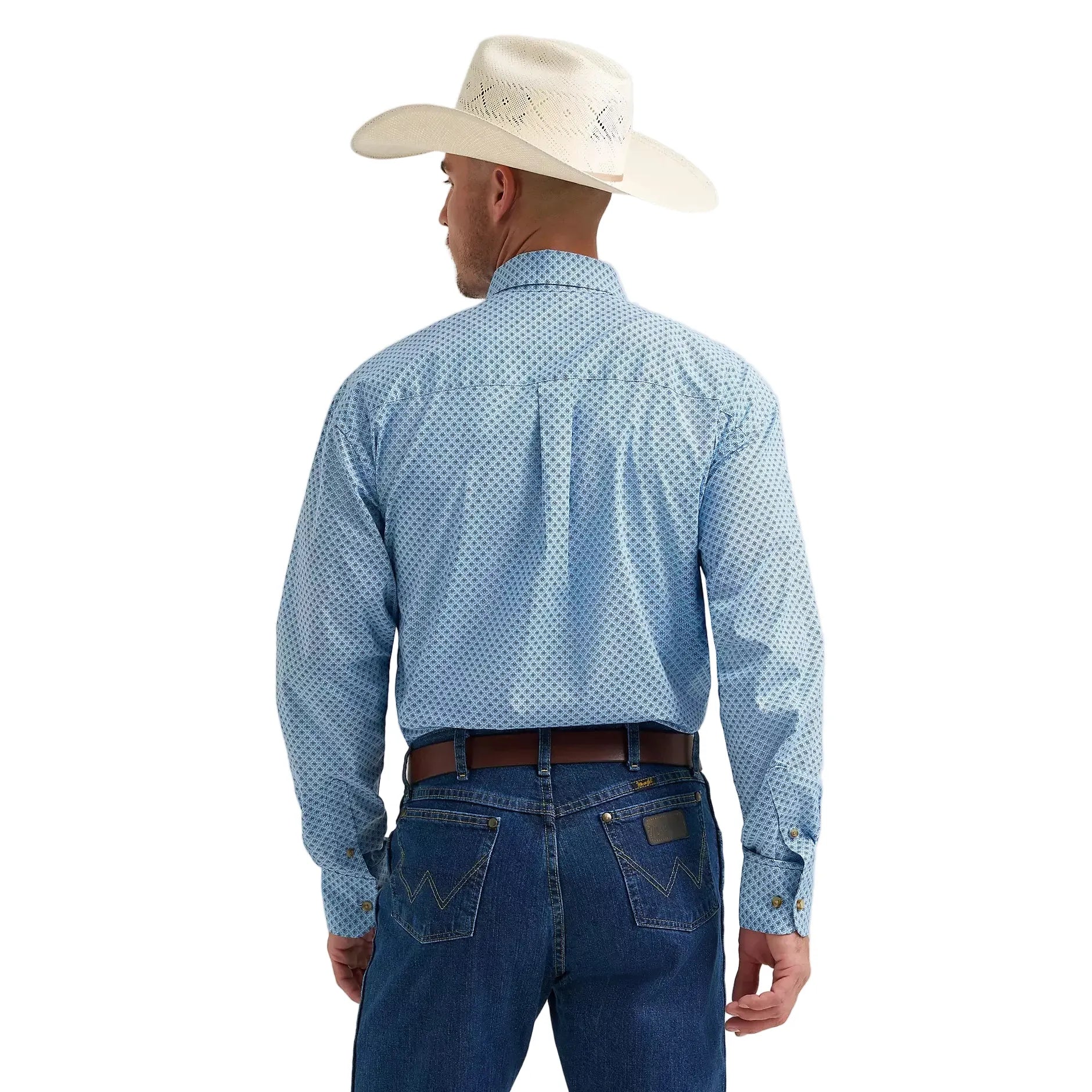 Men's Wrangler® George Strait™ Baby Blue Cross Long Sleeve Button Down One Pocket Shirt 112374582