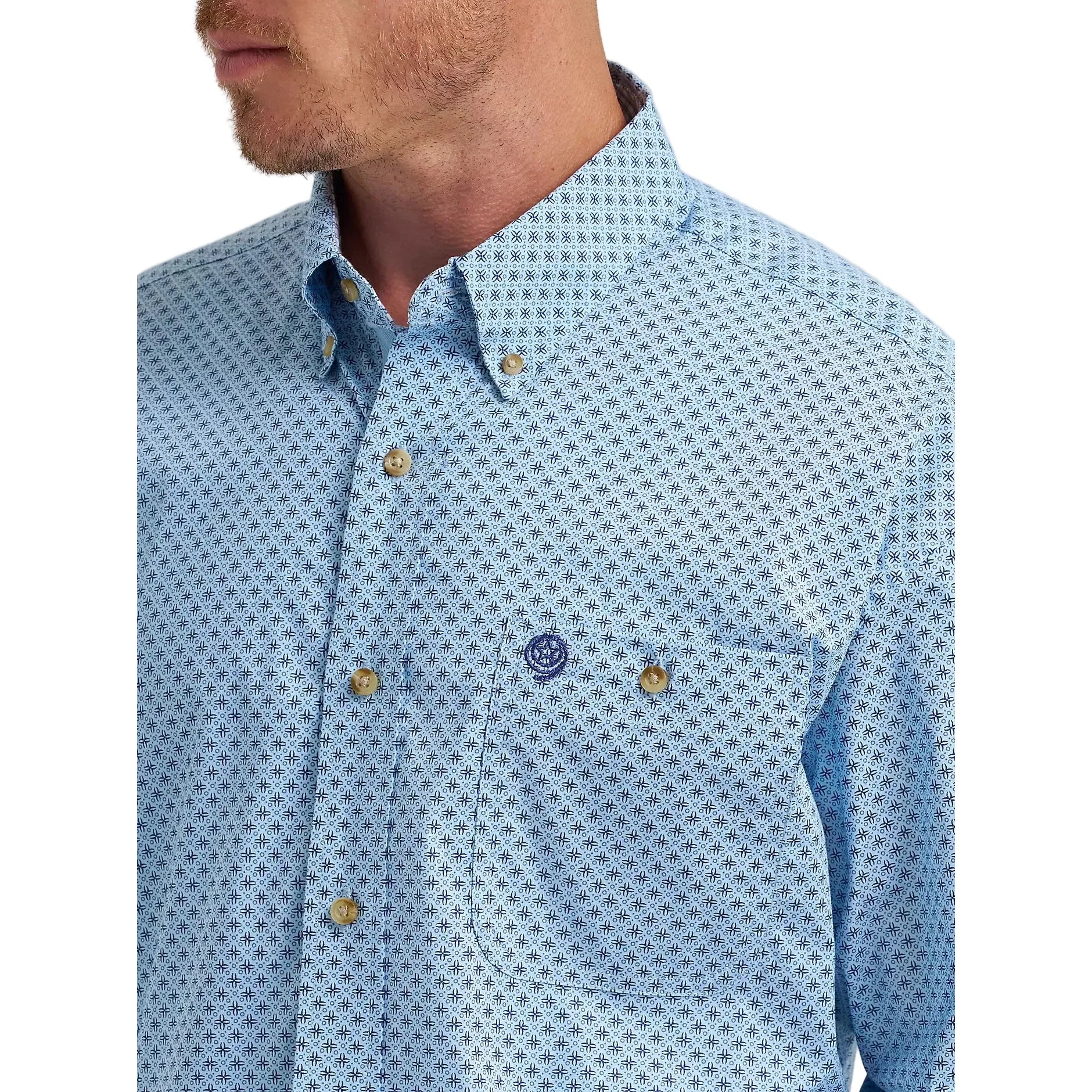 Men's Wrangler® George Strait™ Baby Blue Cross Long Sleeve Button Down One Pocket Shirt 112374582