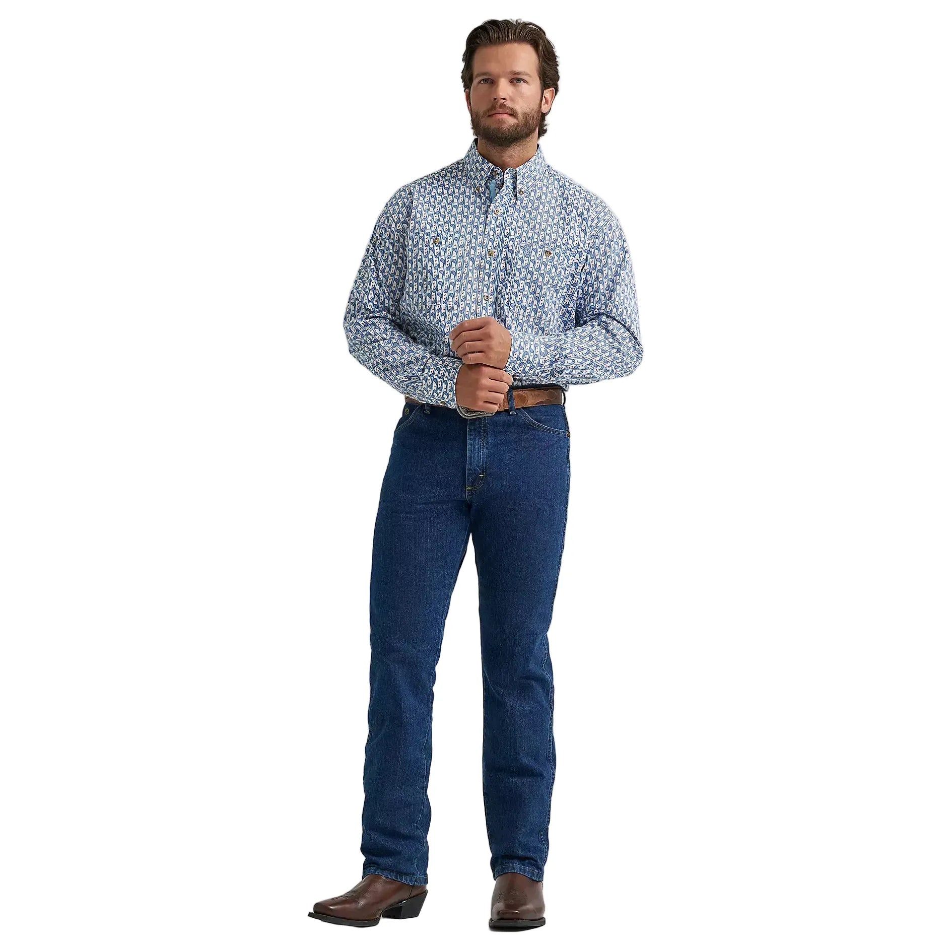 Men's Wrangler® George Strait™ Baby Blue Paisley Long Sleeve Button Down Two Pocket Shirt 112374583