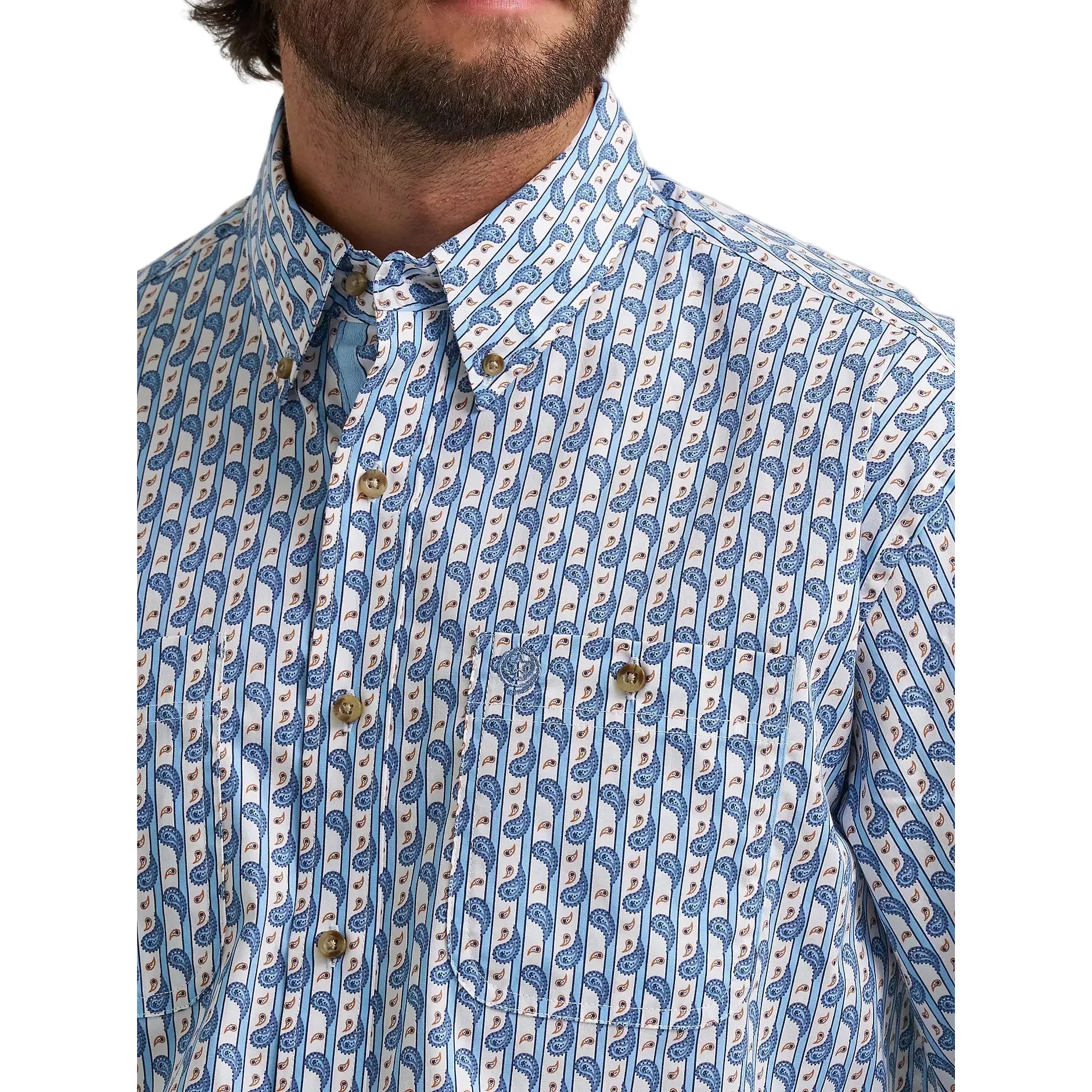 Men's Wrangler® George Strait™ Baby Blue Paisley Long Sleeve Button Down Two Pocket Shirt 112374583