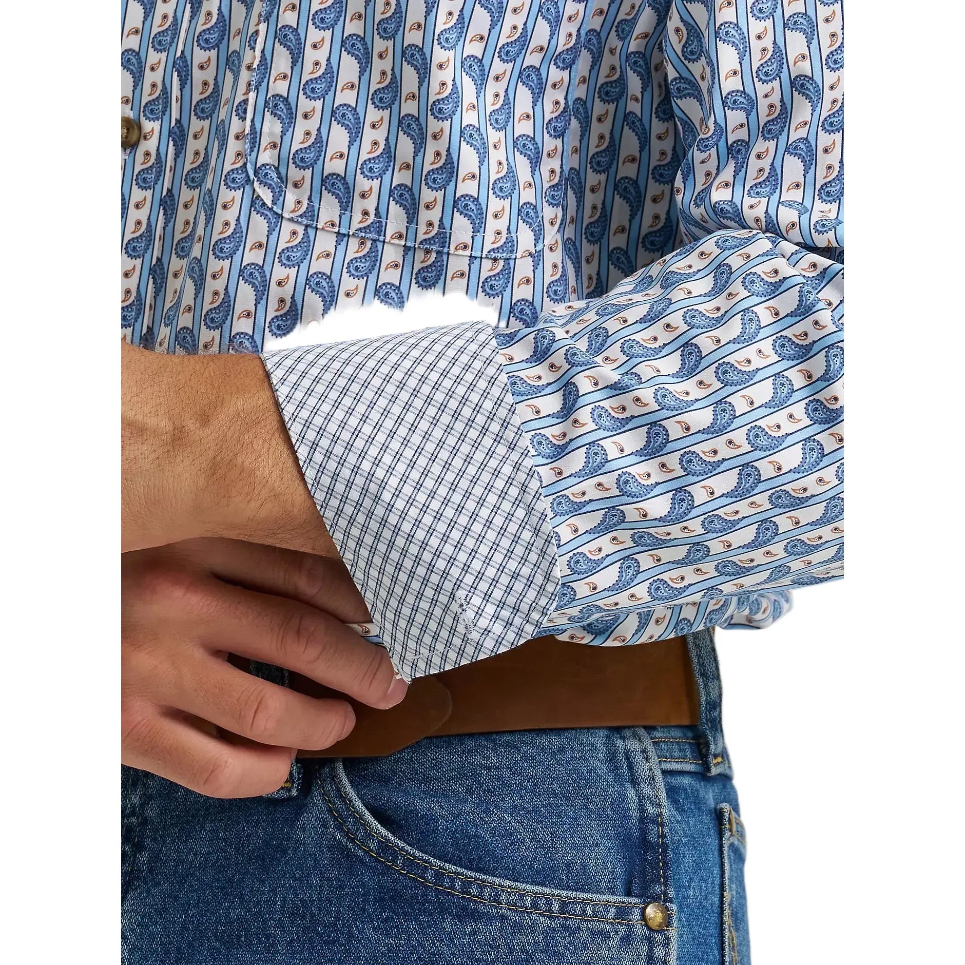 Men's Wrangler® George Strait™ Baby Blue Paisley Long Sleeve Button Down Two Pocket Shirt 112374583
