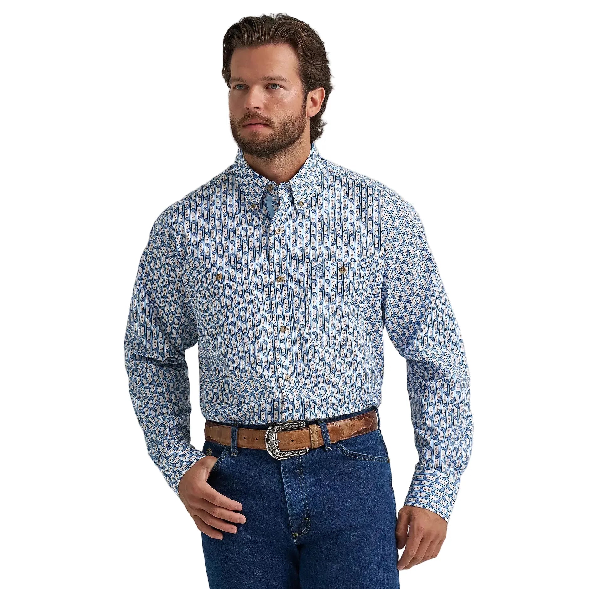 Men's Wrangler® George Strait™ Baby Blue Paisley Long Sleeve Button Down Two Pocket Shirt 112374583