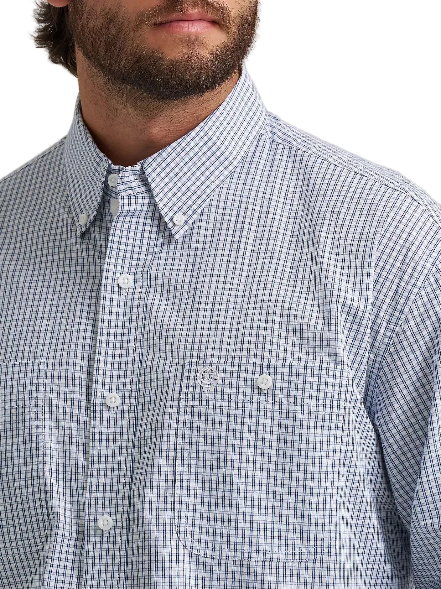 Men's Wrangler® George Strait™ Baby Blue Check Long Sleeve Button Down Two Pocket Shirt 112374605