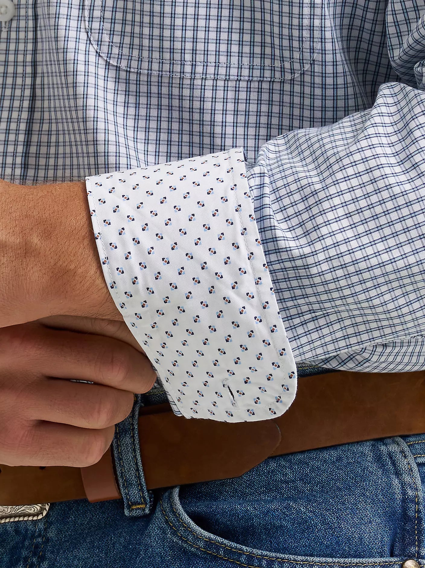 Men's Wrangler® George Strait™ Baby Blue Check Long Sleeve Button Down Two Pocket Shirt 112374605