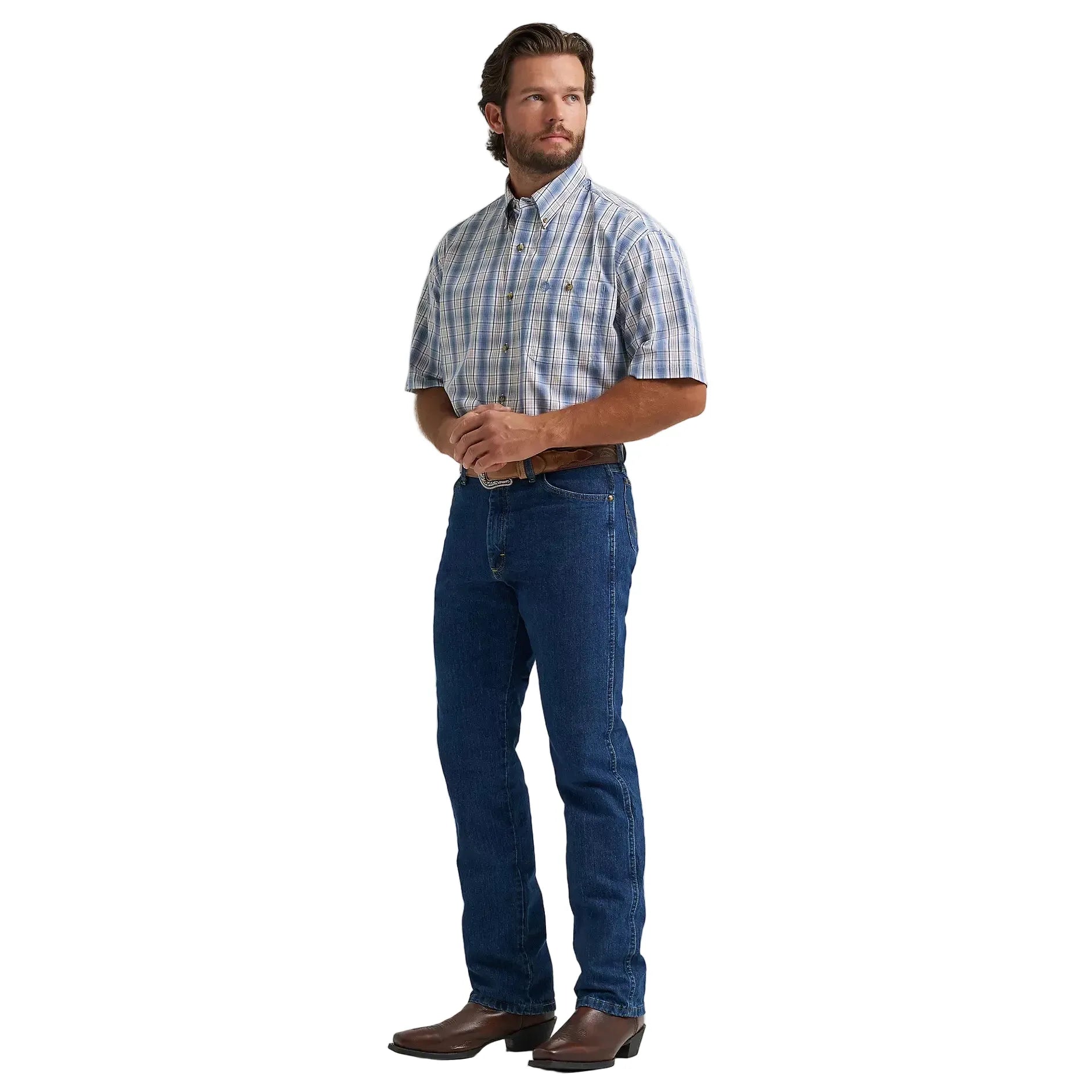 Men's Wrangler Blue Steel Plaid George Strait Short Sleeve Button Down Shirt 112374606