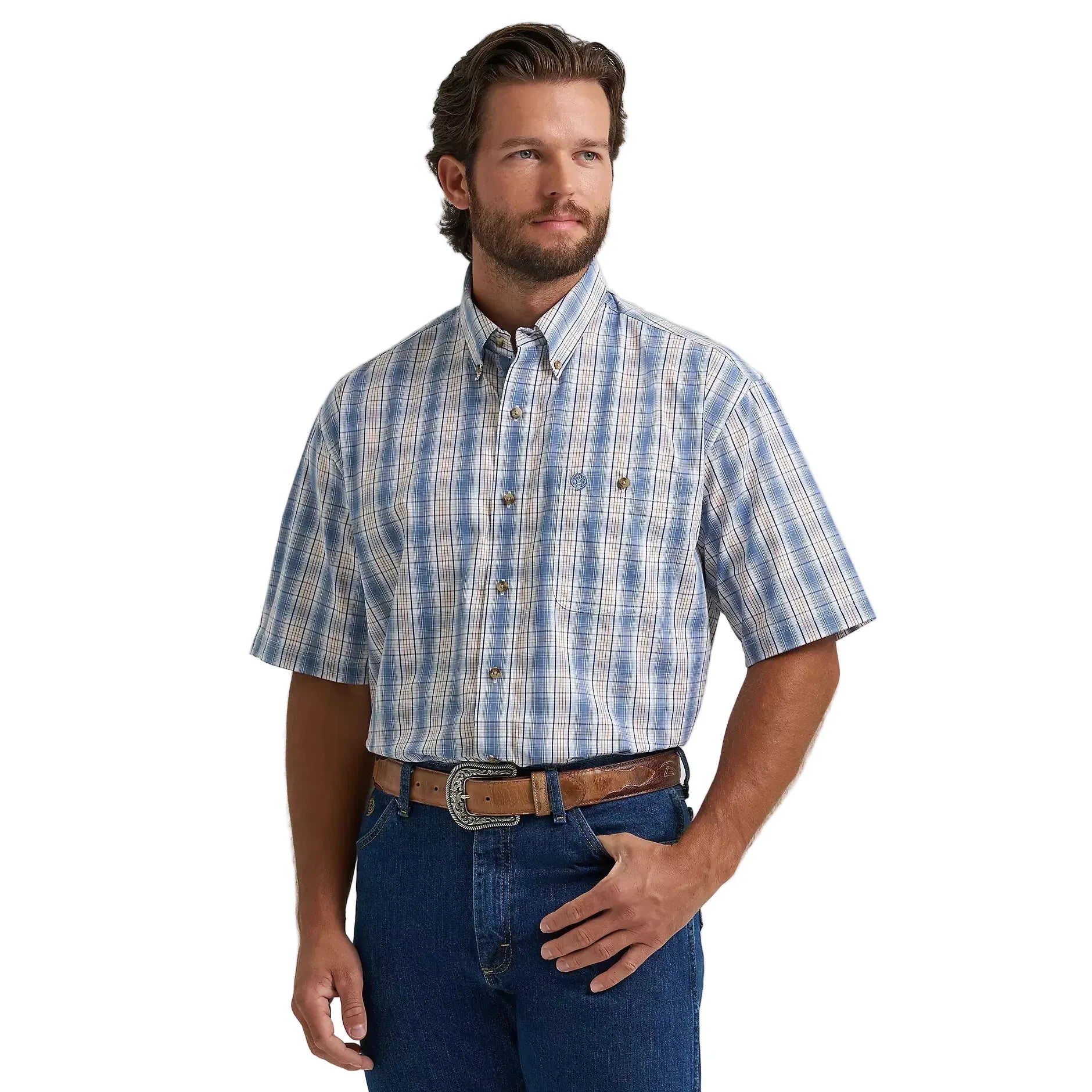 Men's Wrangler Blue Steel Plaid George Strait Short Sleeve Button Down Shirt 112374606