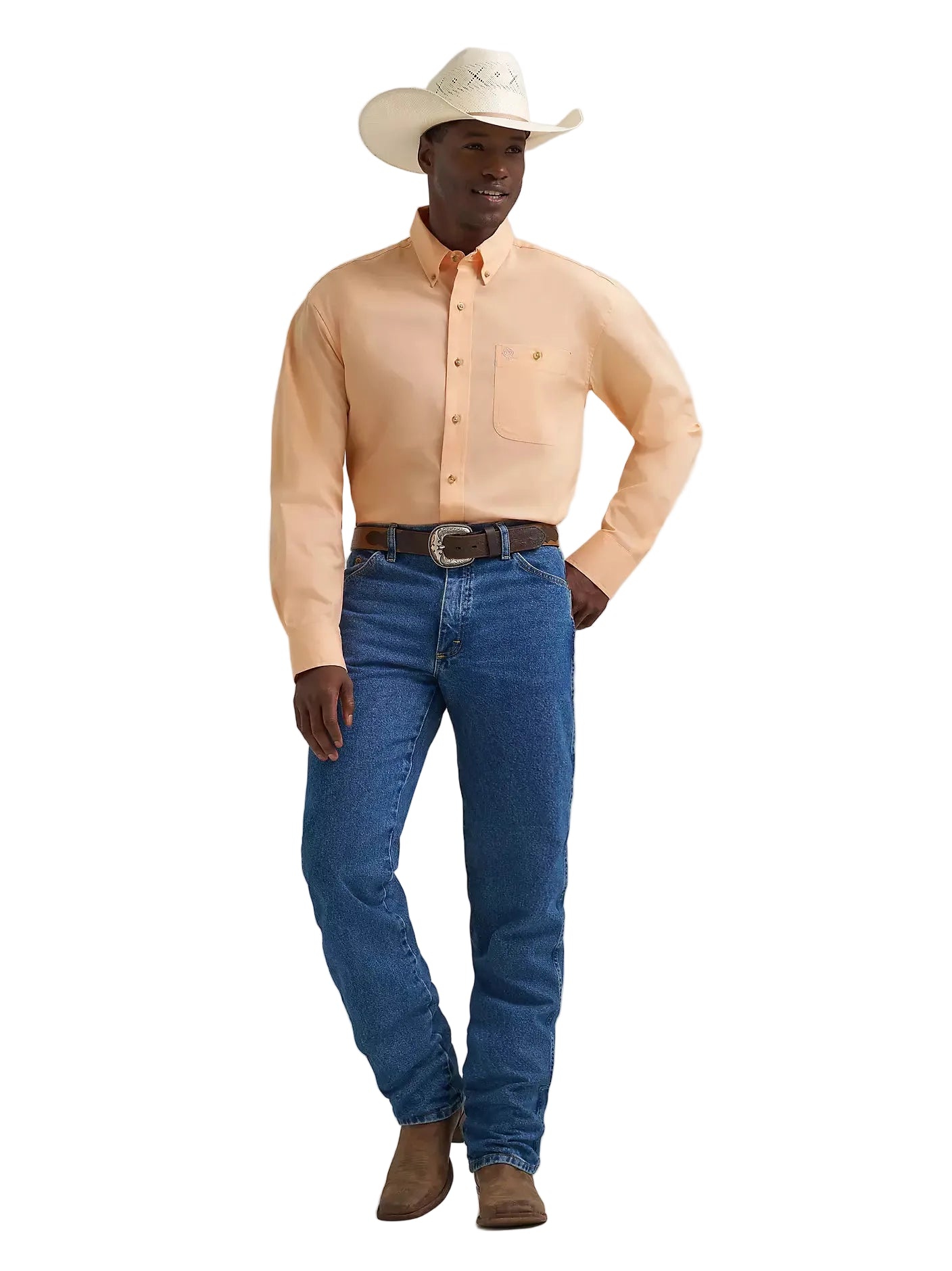 Men's Wrangler® George Strait™ Peachy Solid One Pocket Button Down Shirt 112374608