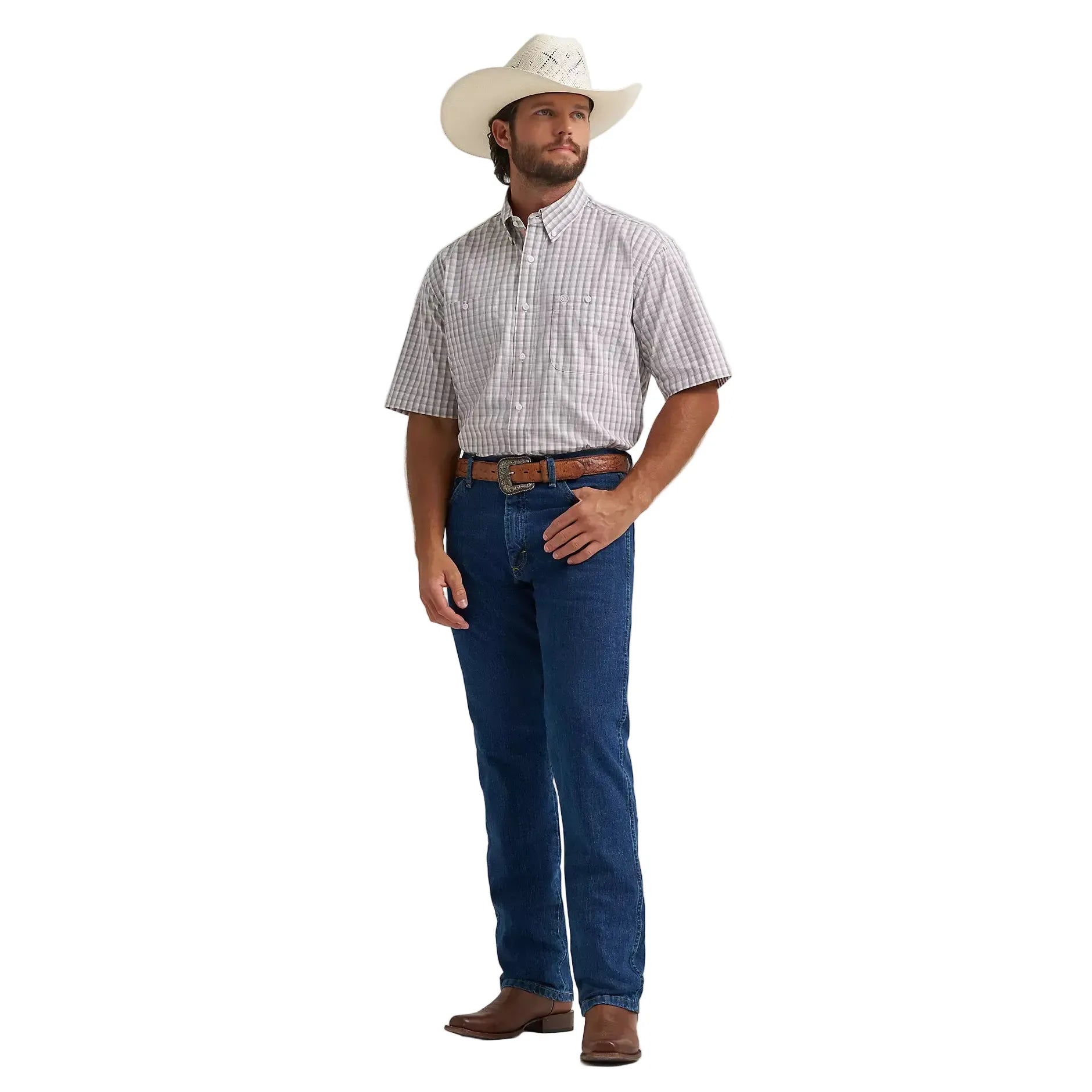 Men's Wrangler George Strait Gray Peach Madras Short Sleeve Button Down Shirt 112374609