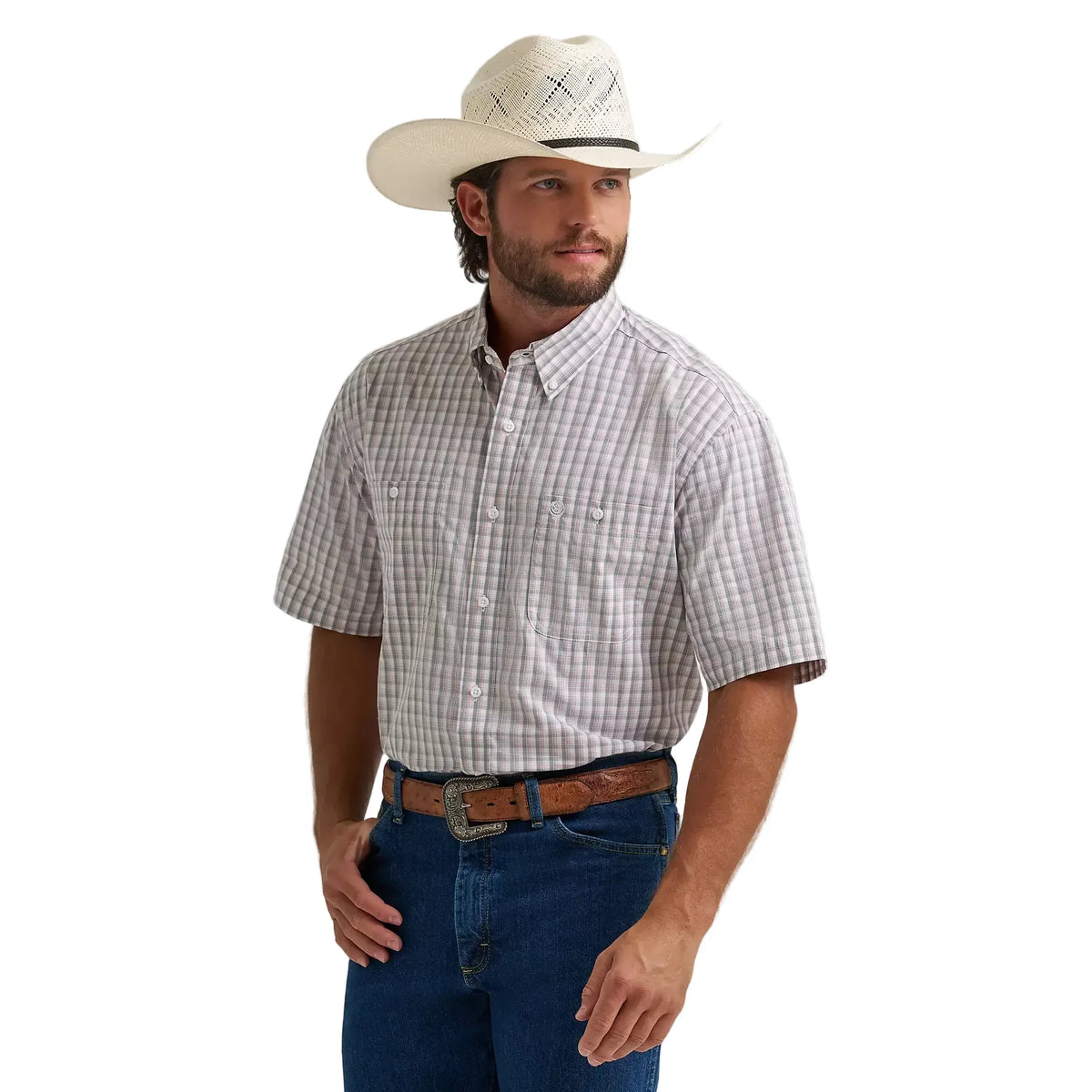 Men's Wrangler George Strait Gray Peach Madras Short Sleeve Button