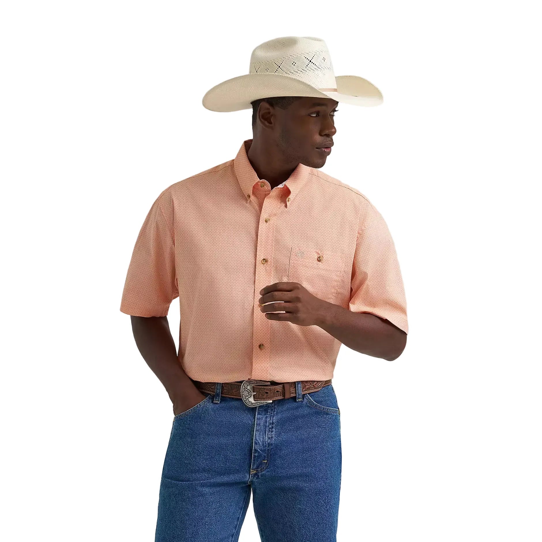 S Men's Wrangler George Strait Peach Short Sleeve Button Down Shirt 112374611 S Men's Wrangler George Strait Peach Short Sleeve Button Down Shirt 112374611